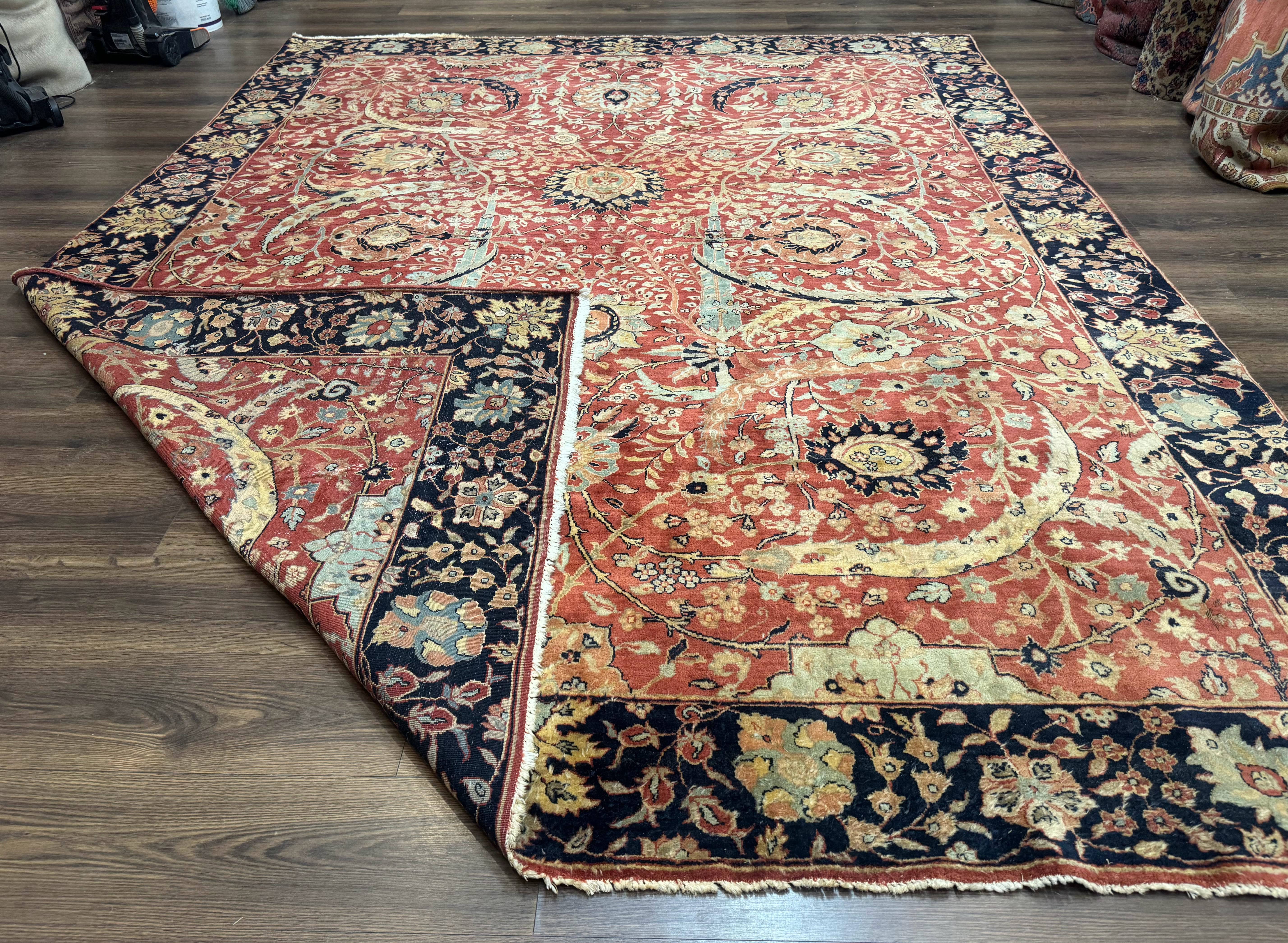 Indian Agra Rug 9x11, Terracotta and Navy Blue, Sickle Leaf Rug - Jewel Rugs