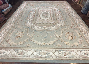 Large Needlepoint Rug 11x16, Vintage Wool European Design Aubusson Carpet, Light Green and Ivory, Palace Size, Handmade, Musical Instruments