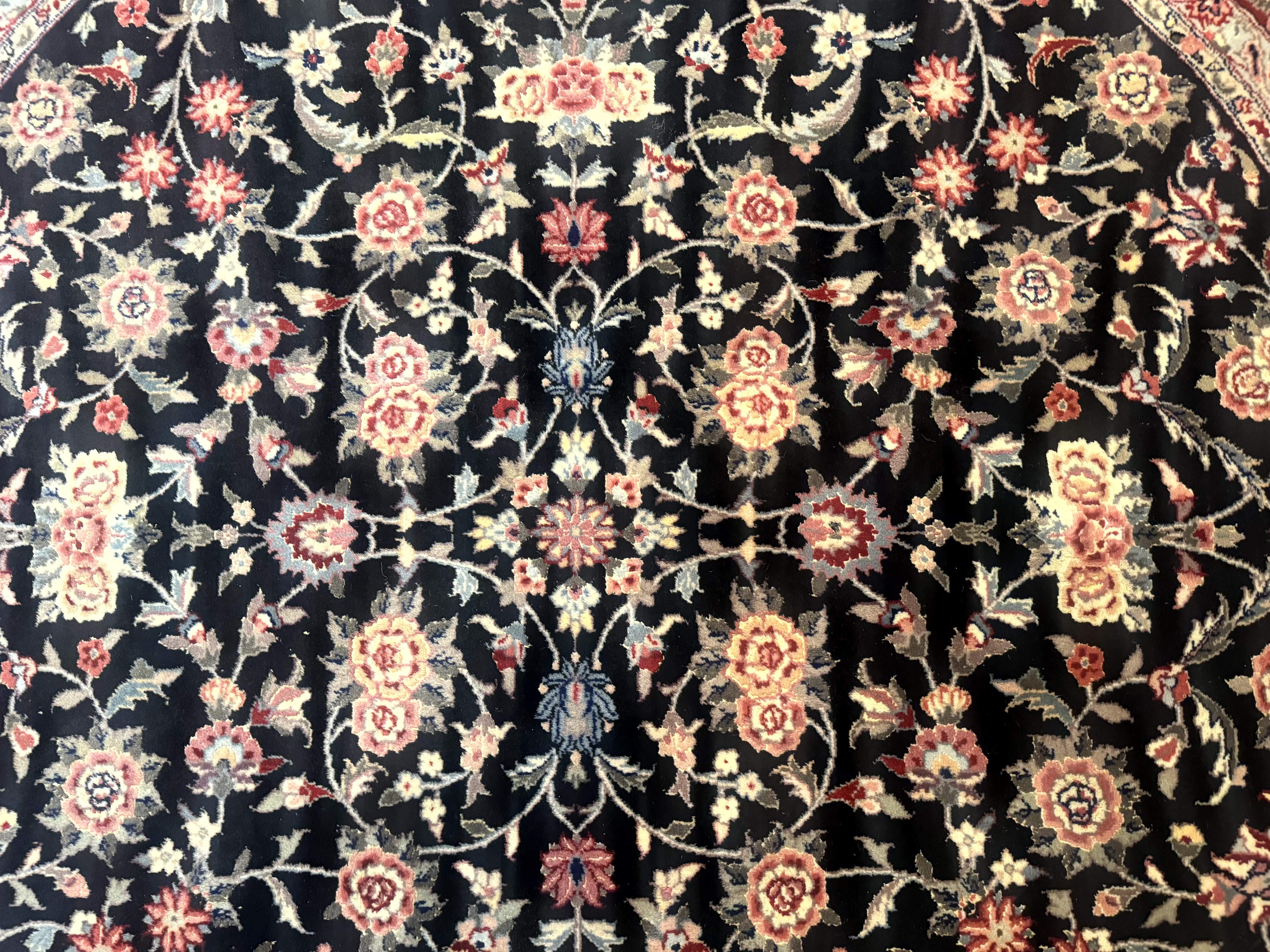 Round Sino Persian Rug 6x6, Floral, Navy Blue and Red, Wool and Silk Highlights - Jewel Rugs