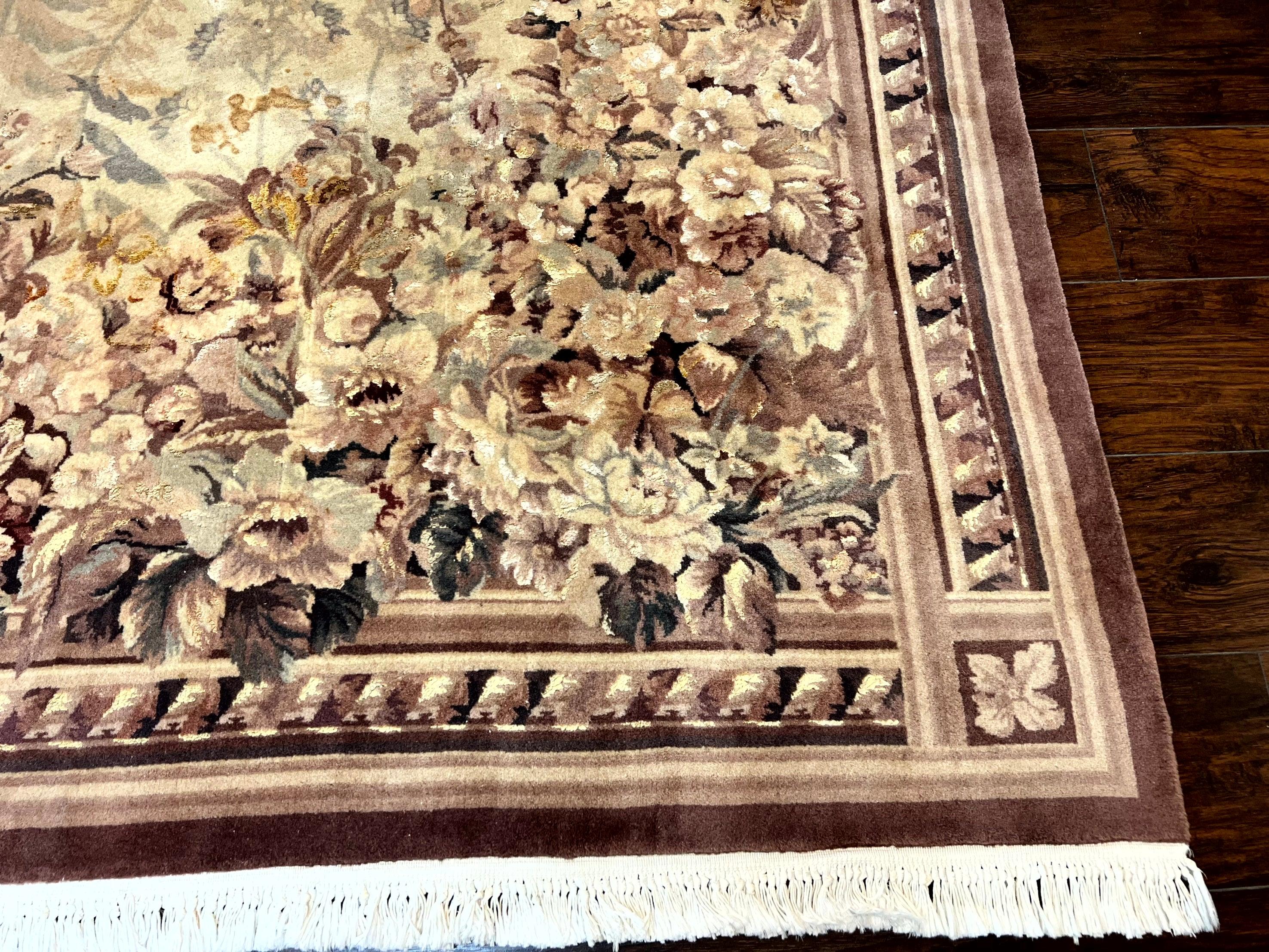 Aubusson Wool Rug 9x11, Wool with Silk Highlights, European Design, Vintage, Handmade, Floral, Fine 210 KPSI - Jewel Rugs