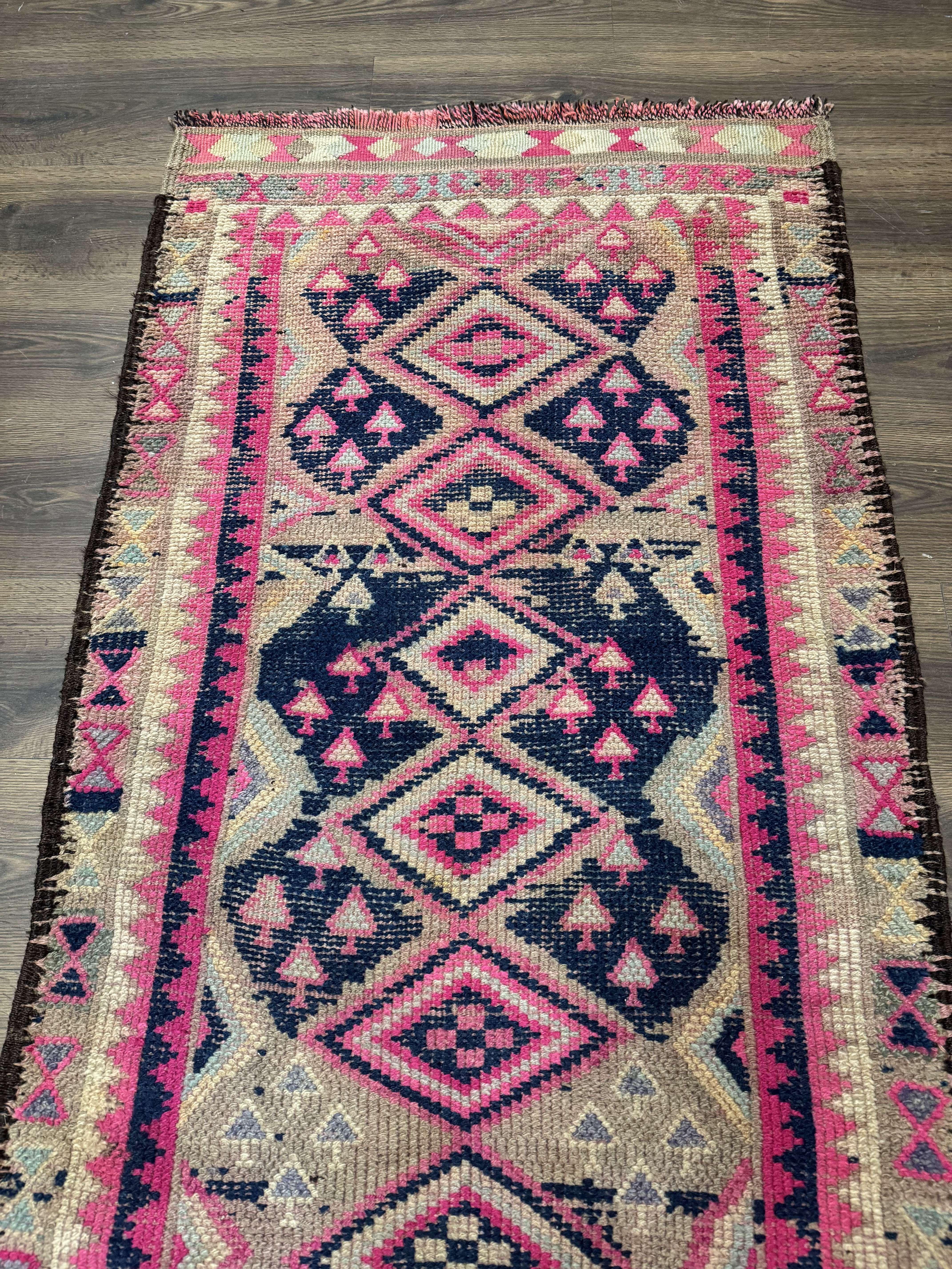 Turkish Runner Rug 3x10, Pink and Navy Blue, Bohemian Runner for Hallway or Kitchen, Vintage, Geometric, Tribal - Jewel Rugs