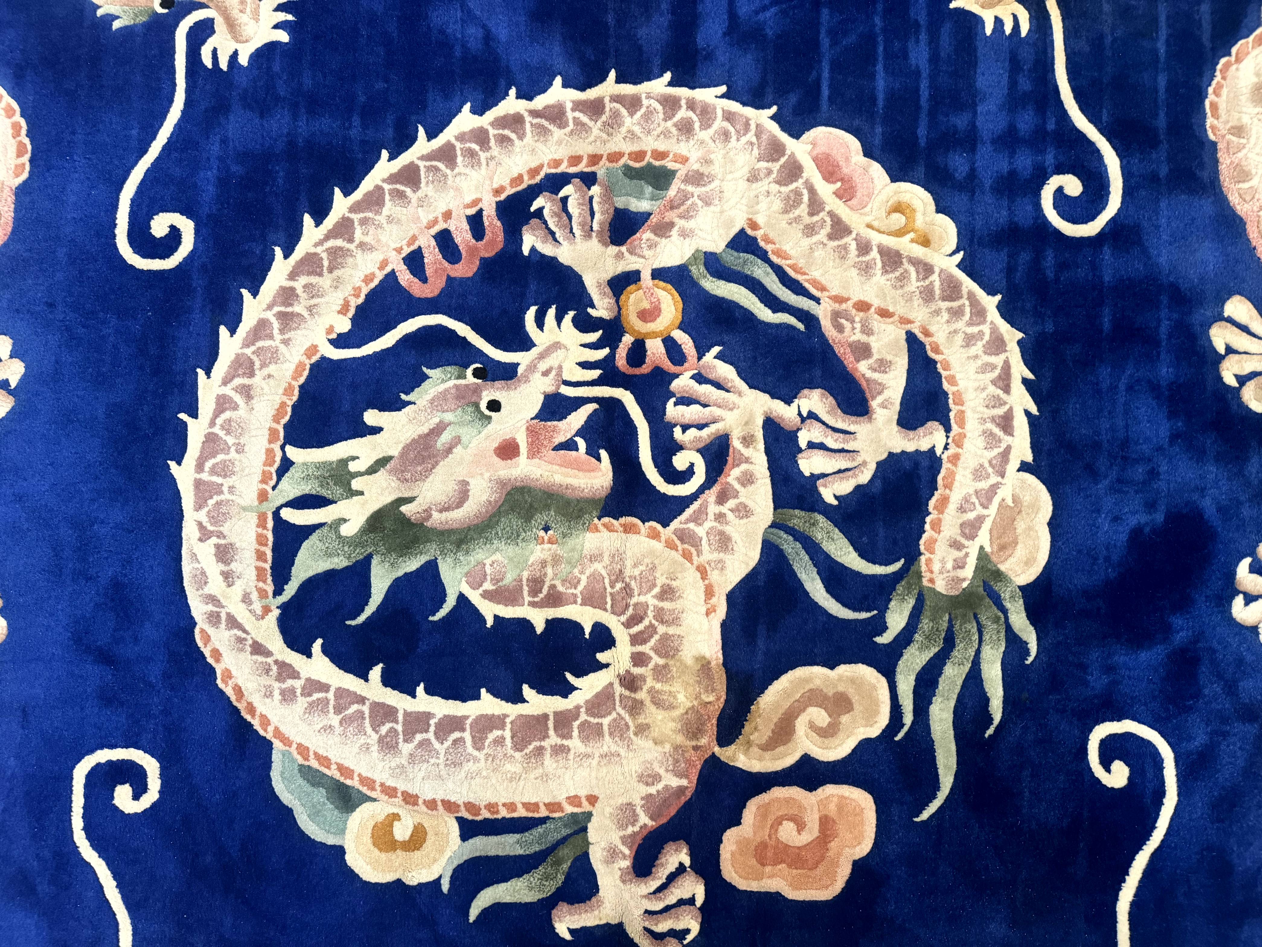 Blue Chinese Rug 9x12, Dragons, Rainbow Border, Art Deco Carpet, Peking Rug, Rare - Jewel Rugs