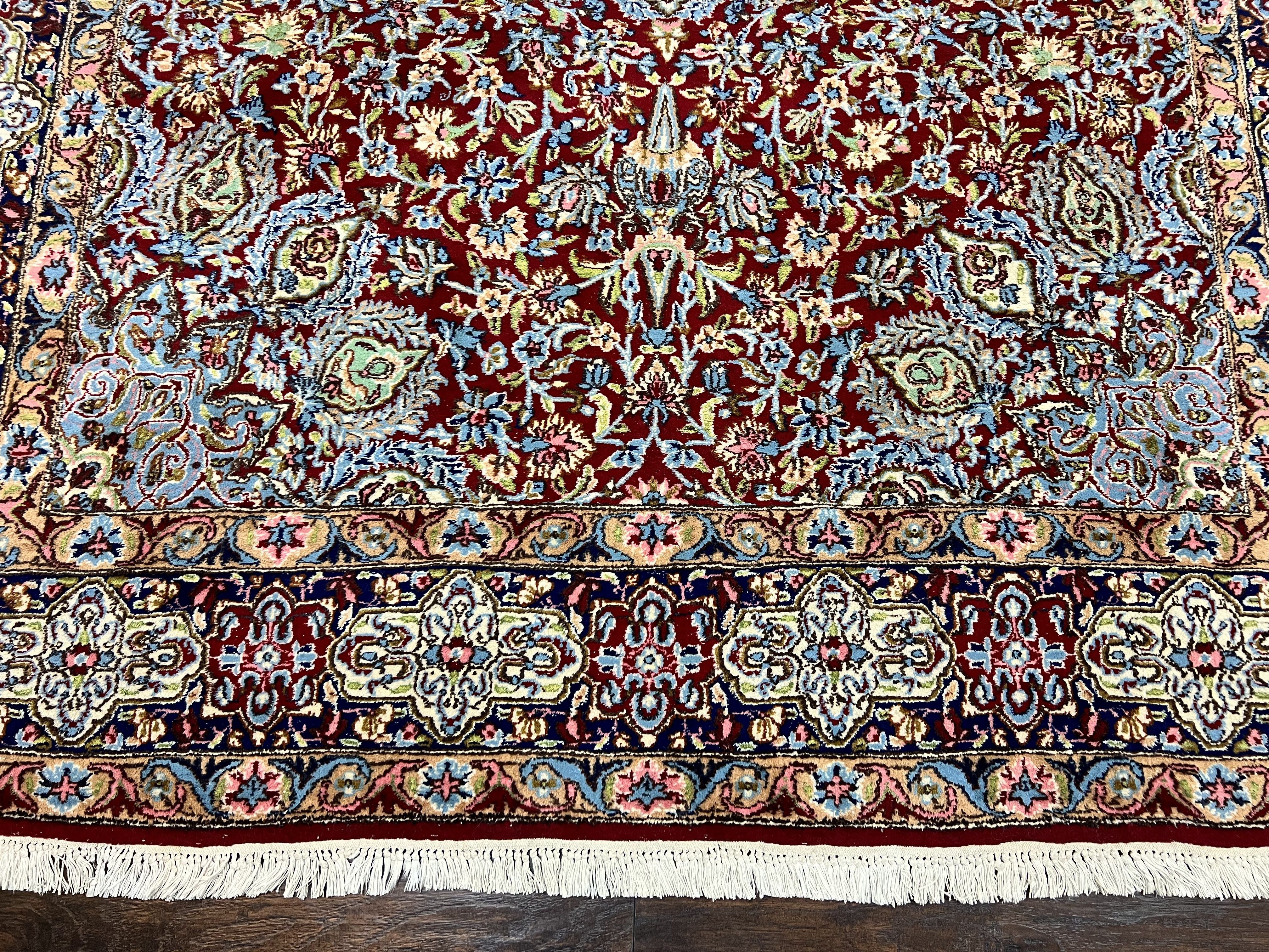Persian Rug 7x10, Kirman Oriental Carpet 7 x 10 ft, Hand Knotted Wool Floral Medallion Semi Antique Persian Rug, Dark Red Light Blue Vintage - Jewel Rugs