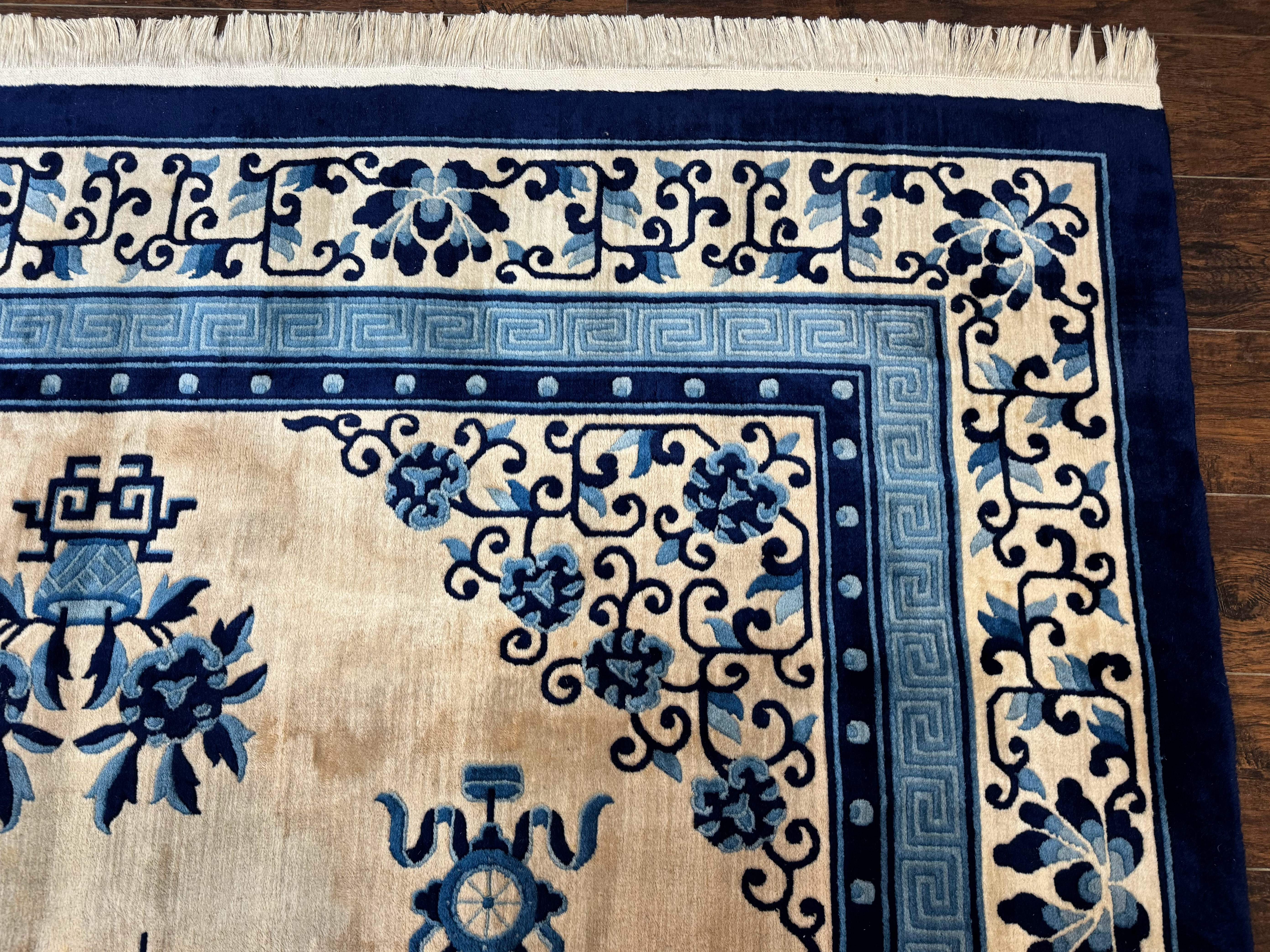 Chinese Peking Rug 8x11 – Ivory and Blue, Hand-Knotted Wool, Asian Oriental Carpet - Jewel Rugs
