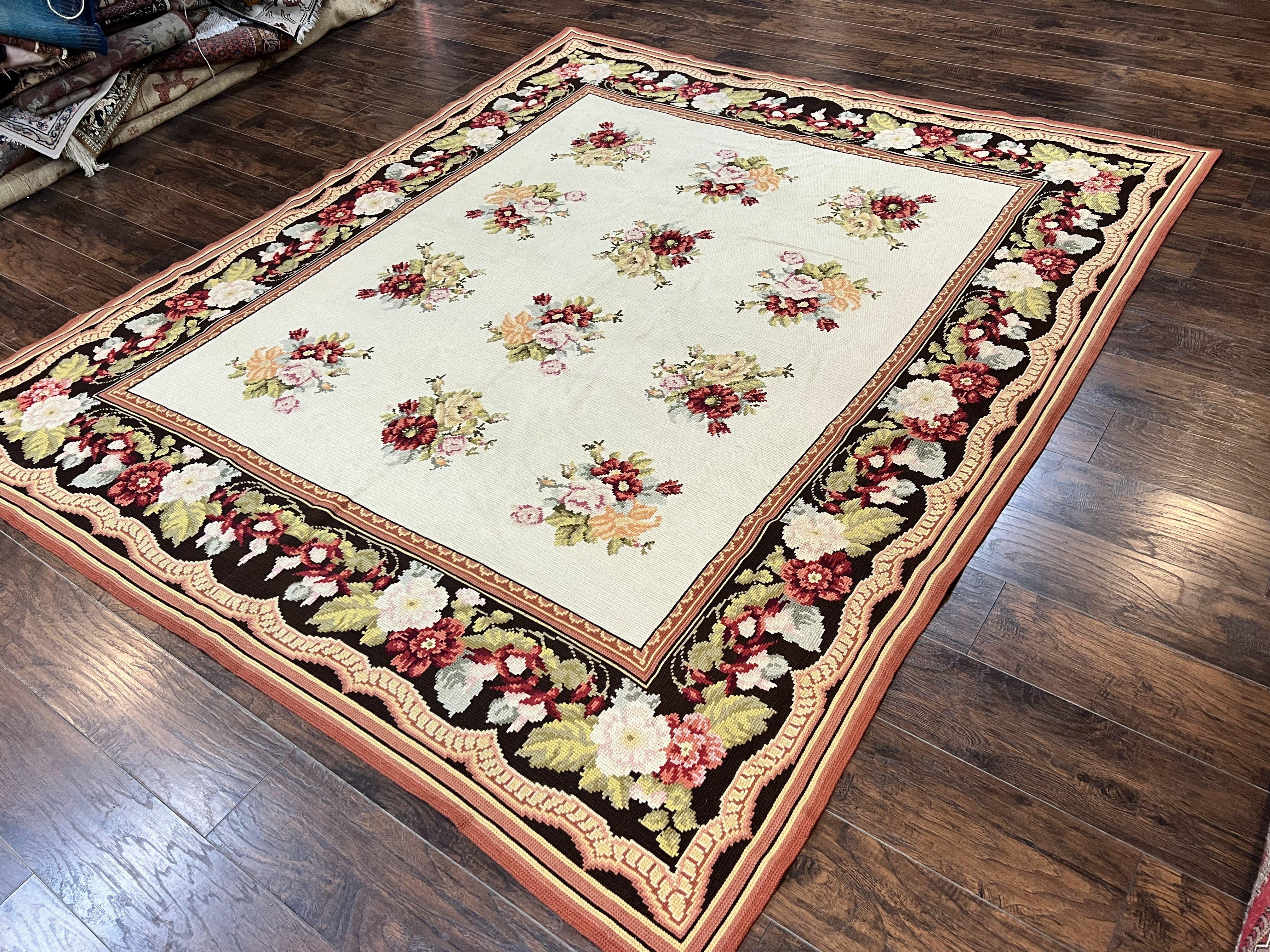 Portuguese Needlepoint Rug 8x9, Vintage Rug 8 x 9 ft, Ivory Dark Brown Hand-Woven Wool Portuguese Carpet, European Rug - Jewel Rugs