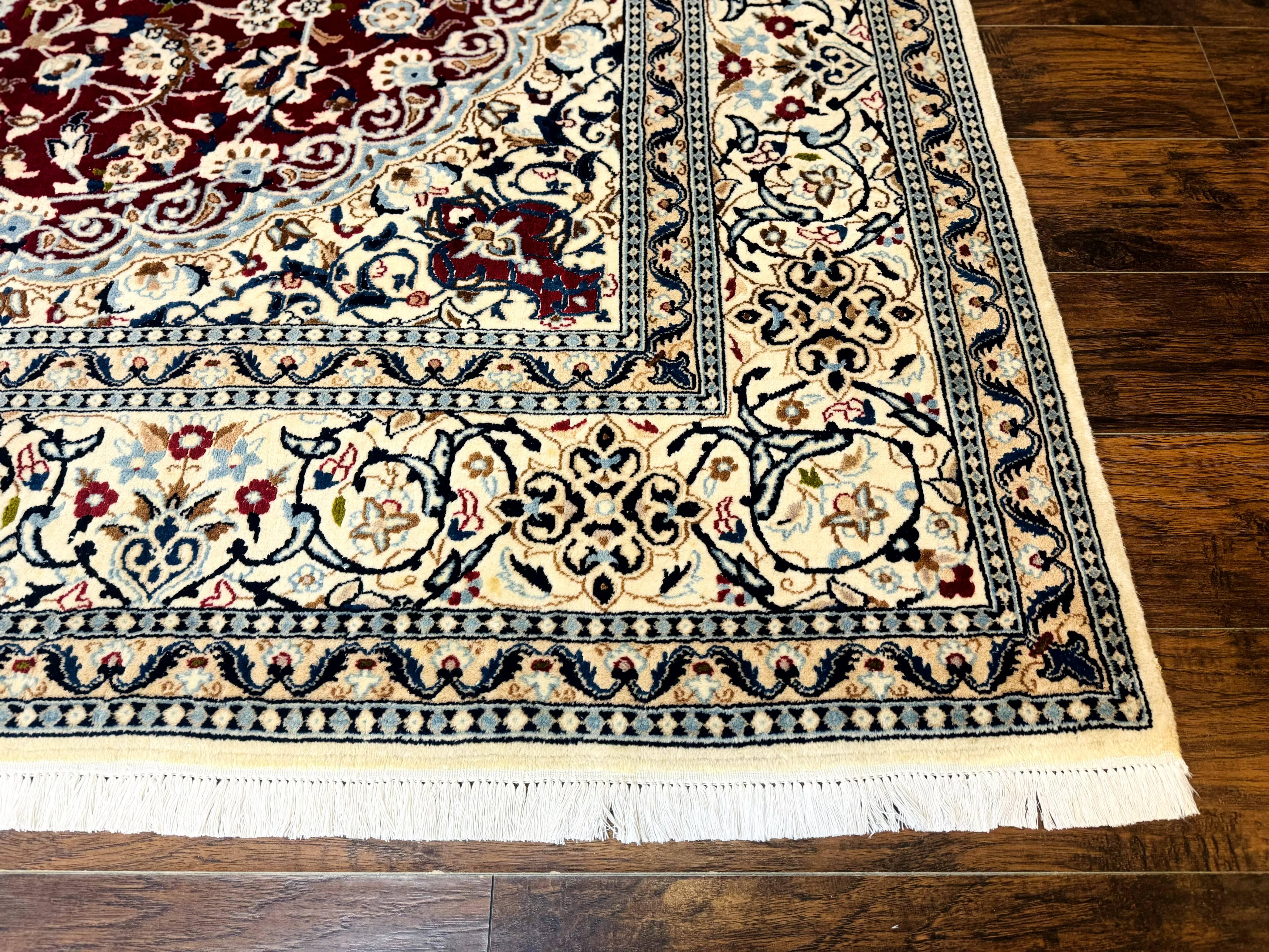 Persian Nain Rug 8x11, Wool and Silk Highlights, Burgundy & Ivory - Jewel Rugs