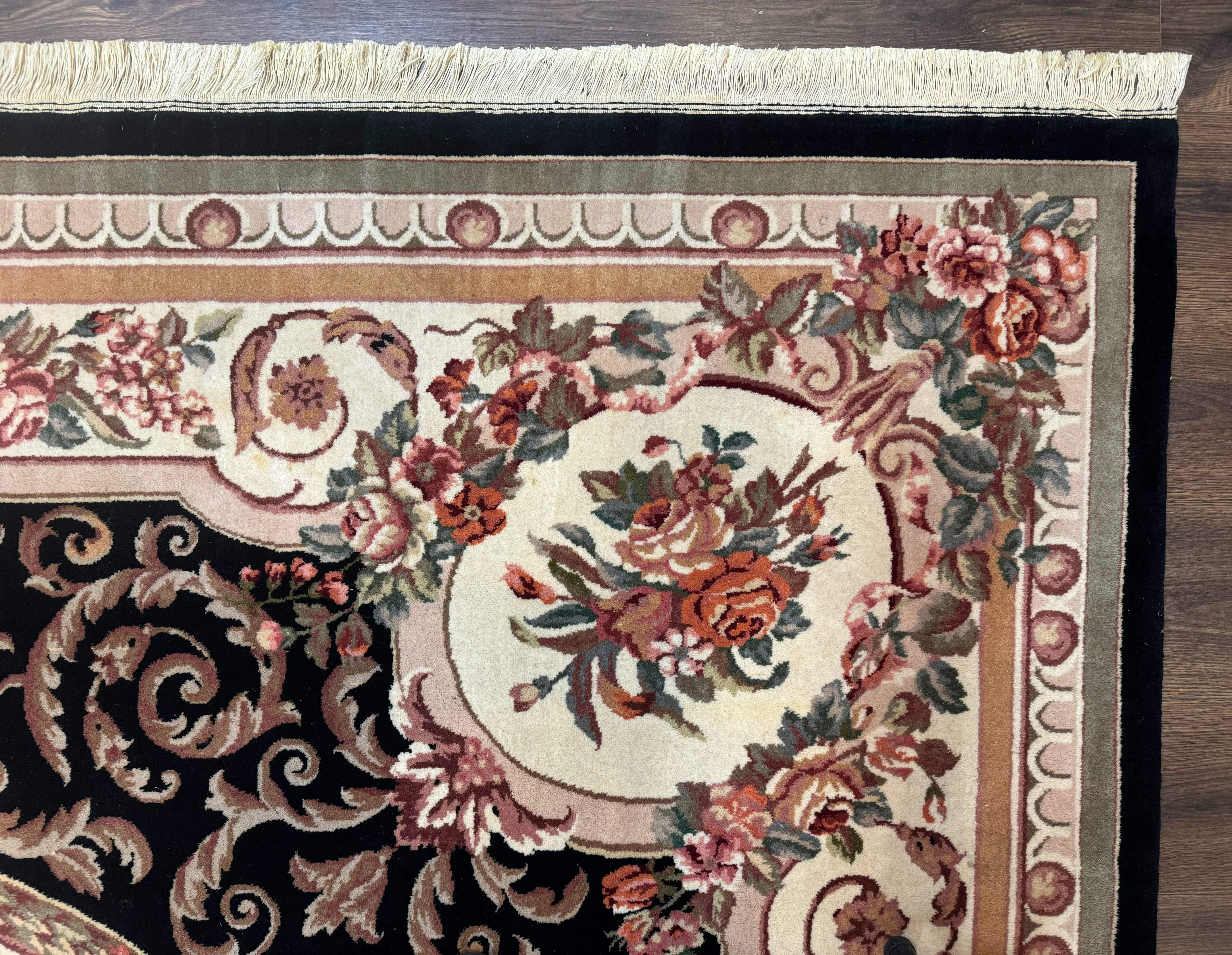 Aubusson Rug 8x10 – Black and Ivory, Hand-Knotted Wool, Vintage Carpet - Jewel Rugs