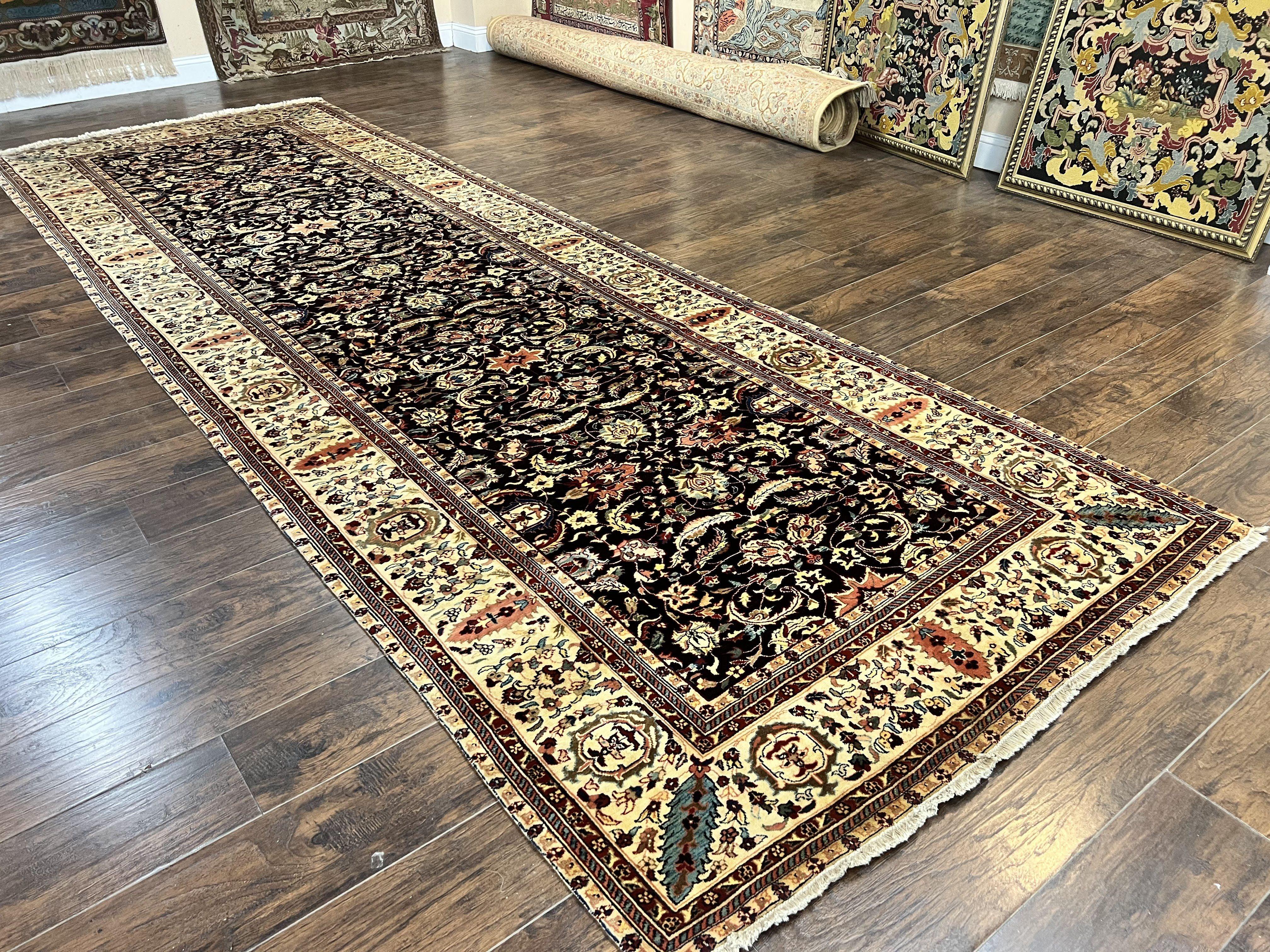 Indo Persian Rug 5x15, Wide Runner Rug 5 x 15 ft, Wool Hand Knotted Vintage Carpet, Black & Cream, Floral Allover Long Oriental Rug - Jewel Rugs