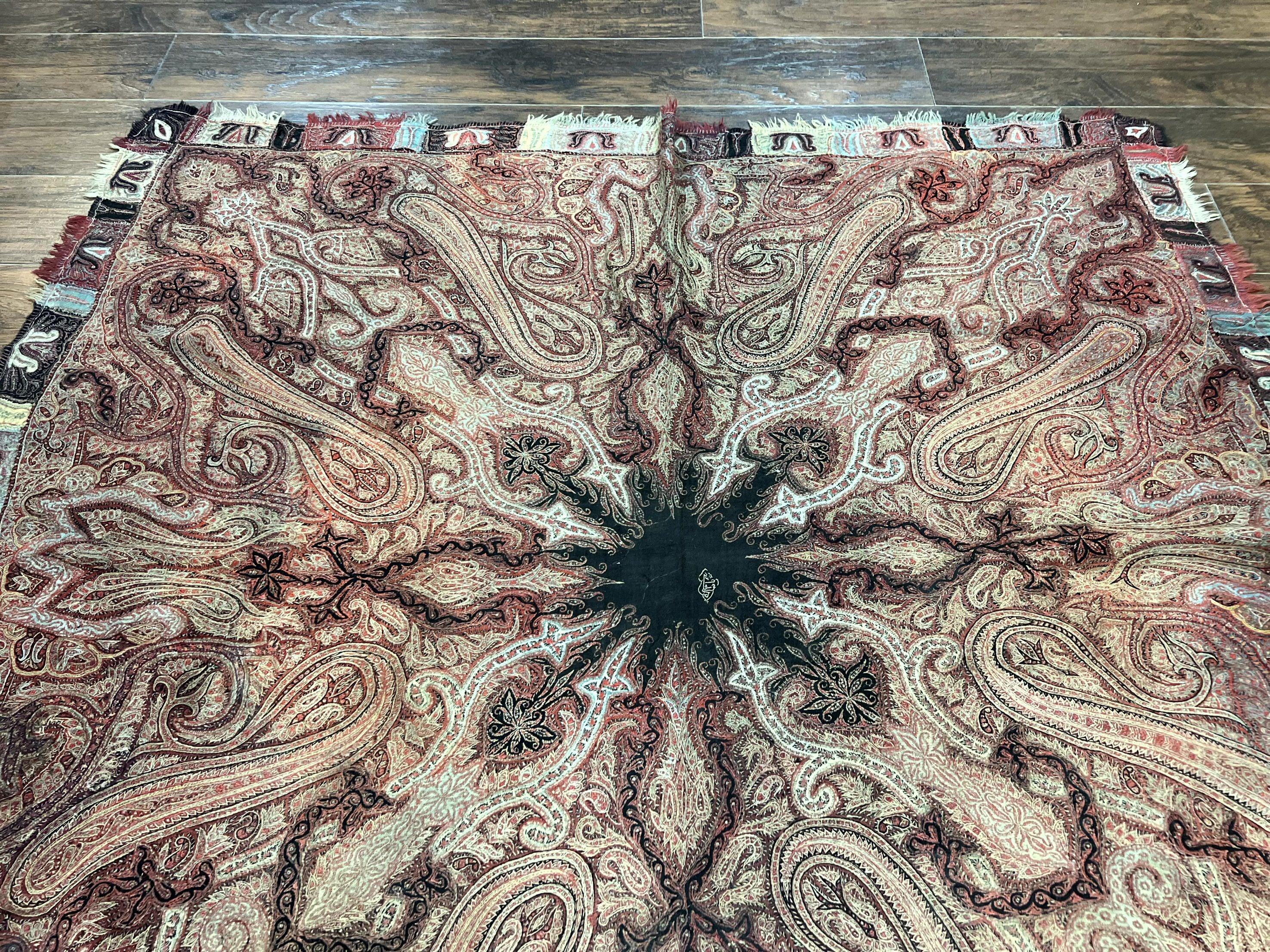 Antique Indian Kashmiri Shawl, Needlework, Signed By Masterweaver, Handmade, Rare - Jewel Rugs