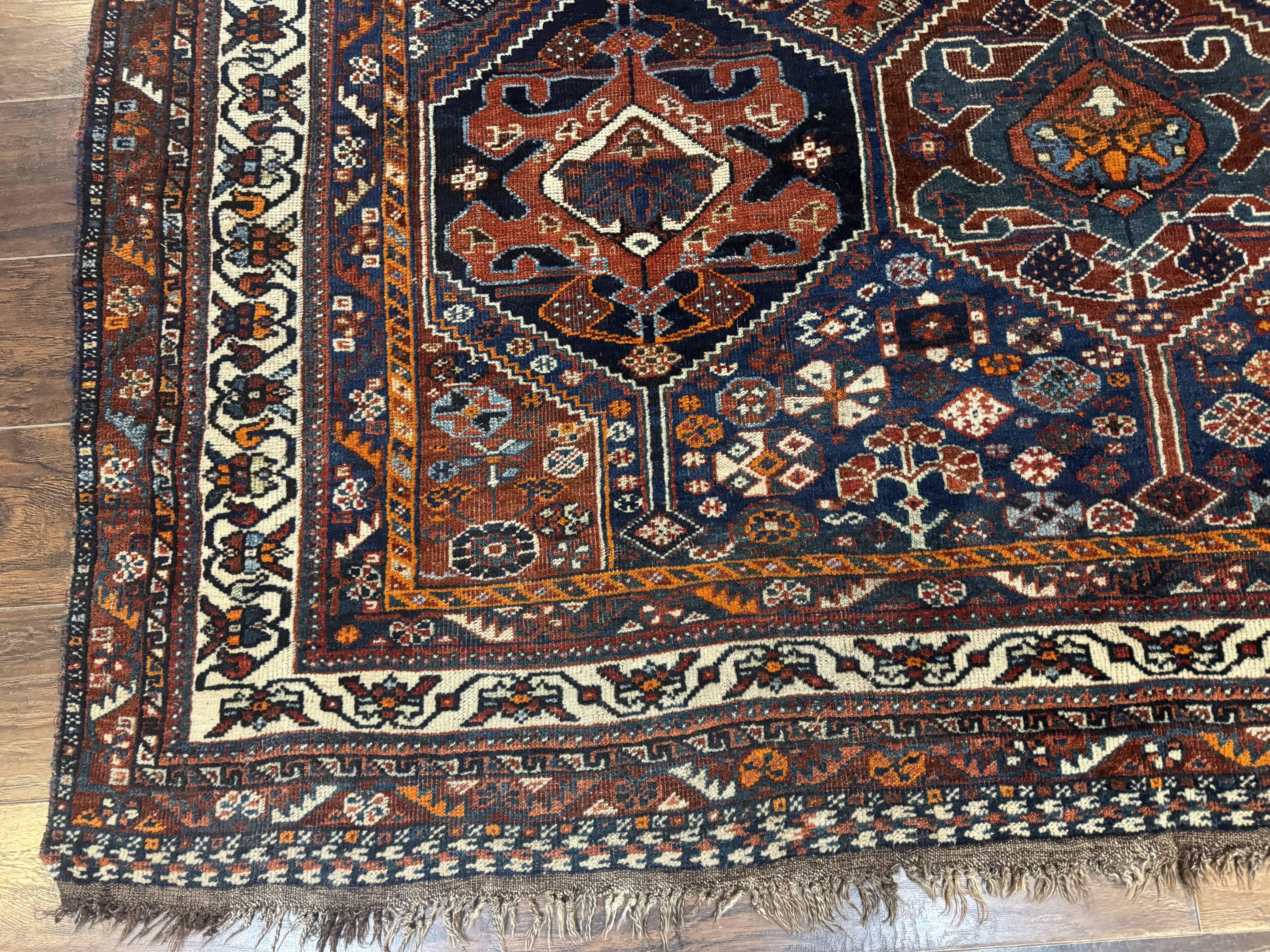 Persian Tribal Rug 7x10, Panel Design, Wool on Wool, Dark Blue, Antique Persian Carpet, Persian Shiraz Rug - Jewel Rugs