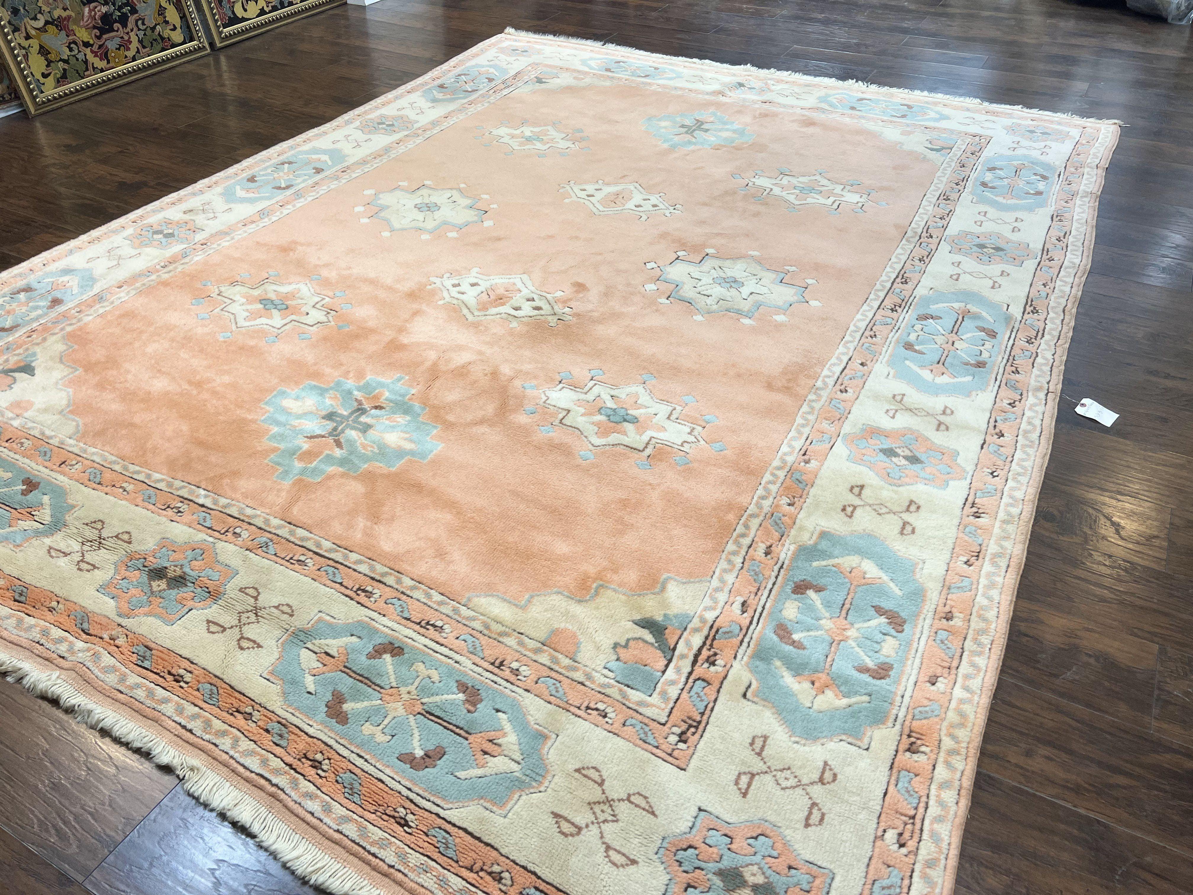 Turkish Oushak Rug 9x12, Wool Hand Knotted Vintage Carpet, Peach Cream Light Blue Room Sized Oriental Rug - Jewel Rugs