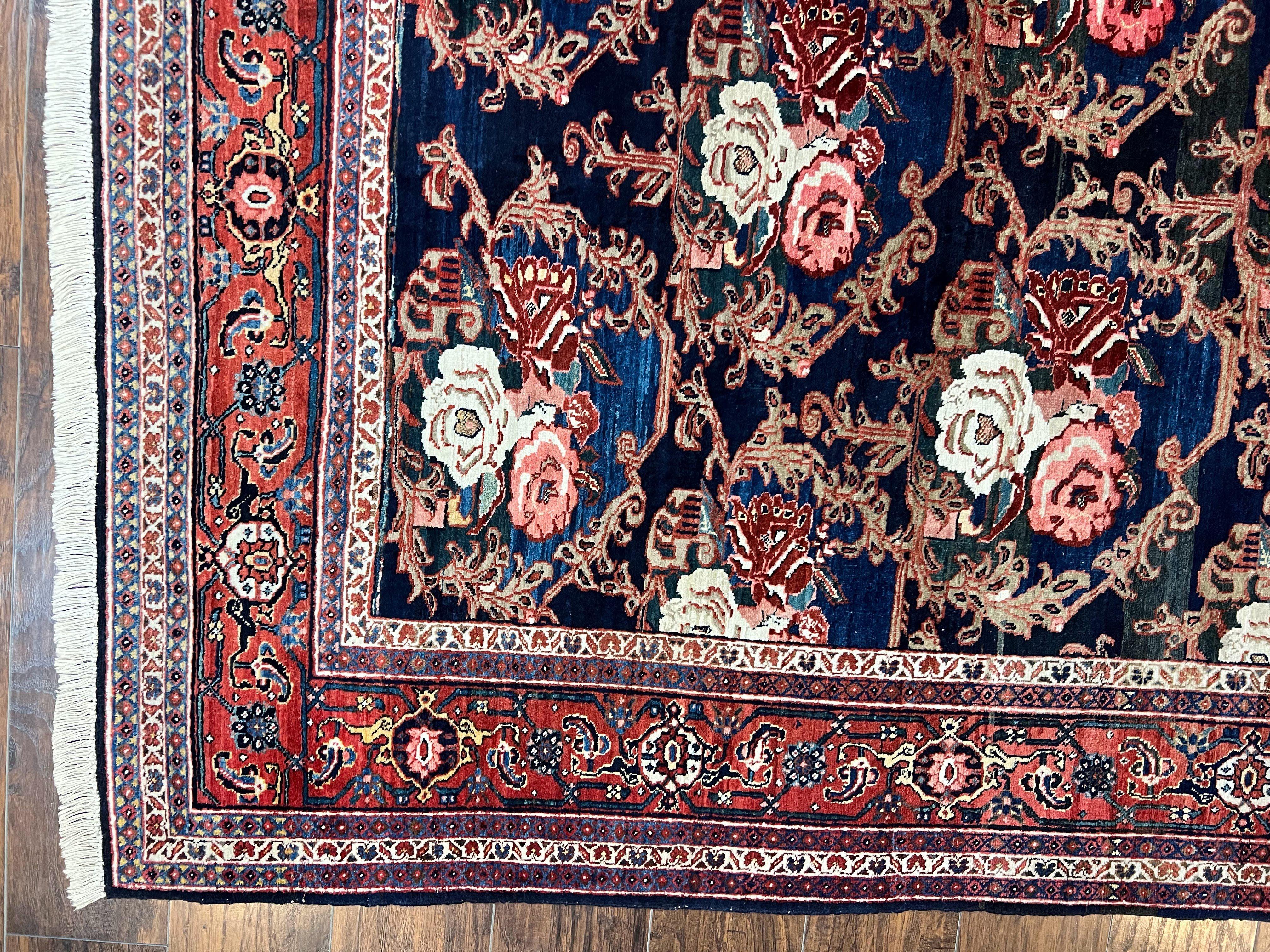 Persian Bidjar Rug 8x11, Floral Bouquets, Blue Black Red Pink, Handmade Hand Knotted Vintage Semi Antique Oriental Carpet - Jewel Rugs