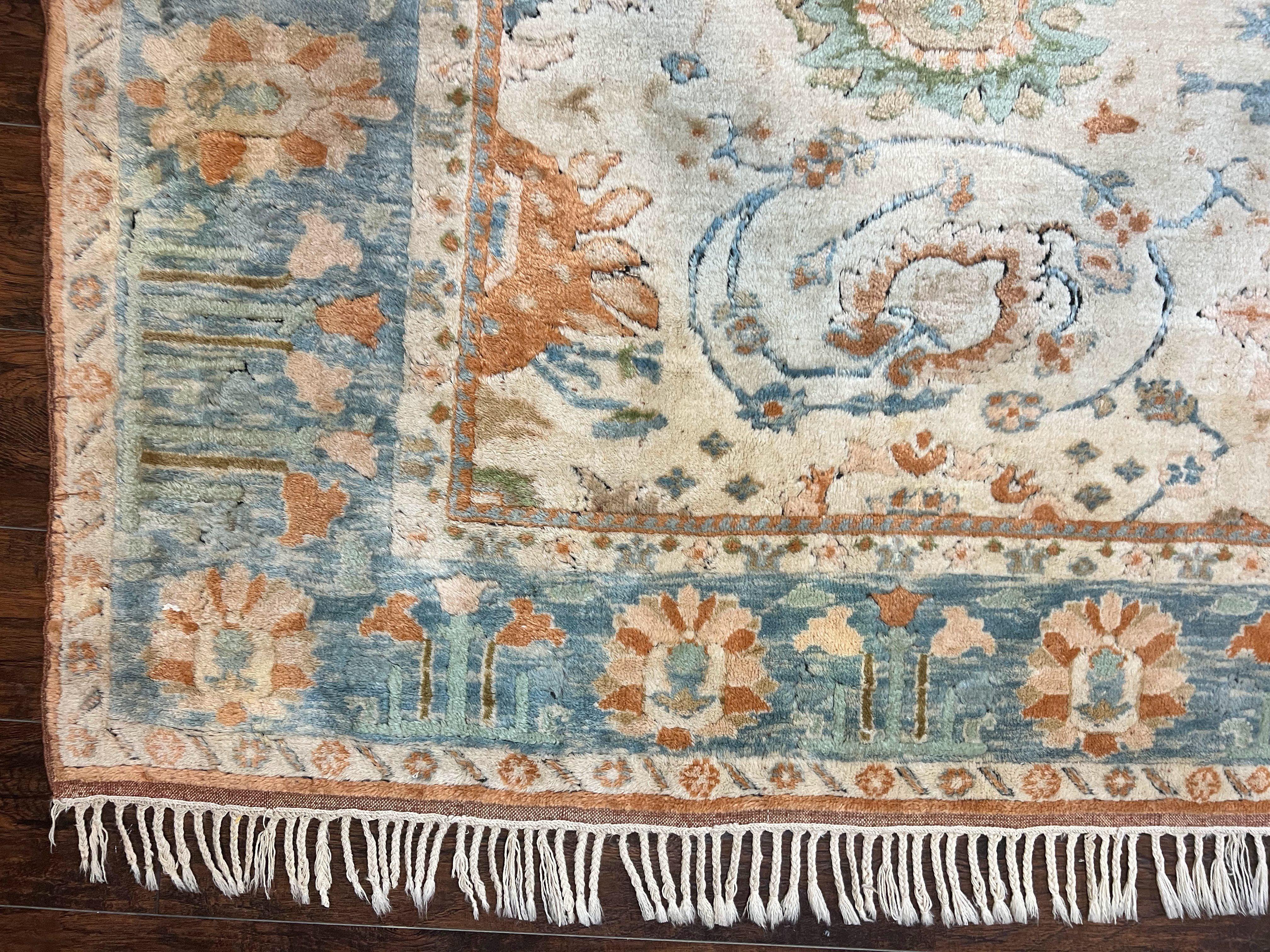 Turkish Oushak Rug 9x10, Neutral Colors, Wool Hand Knotted Vintage Handmade Oriental Carpet, Floral Allover, Farmhouse Rug, Beige Light Blue - Jewel Rugs