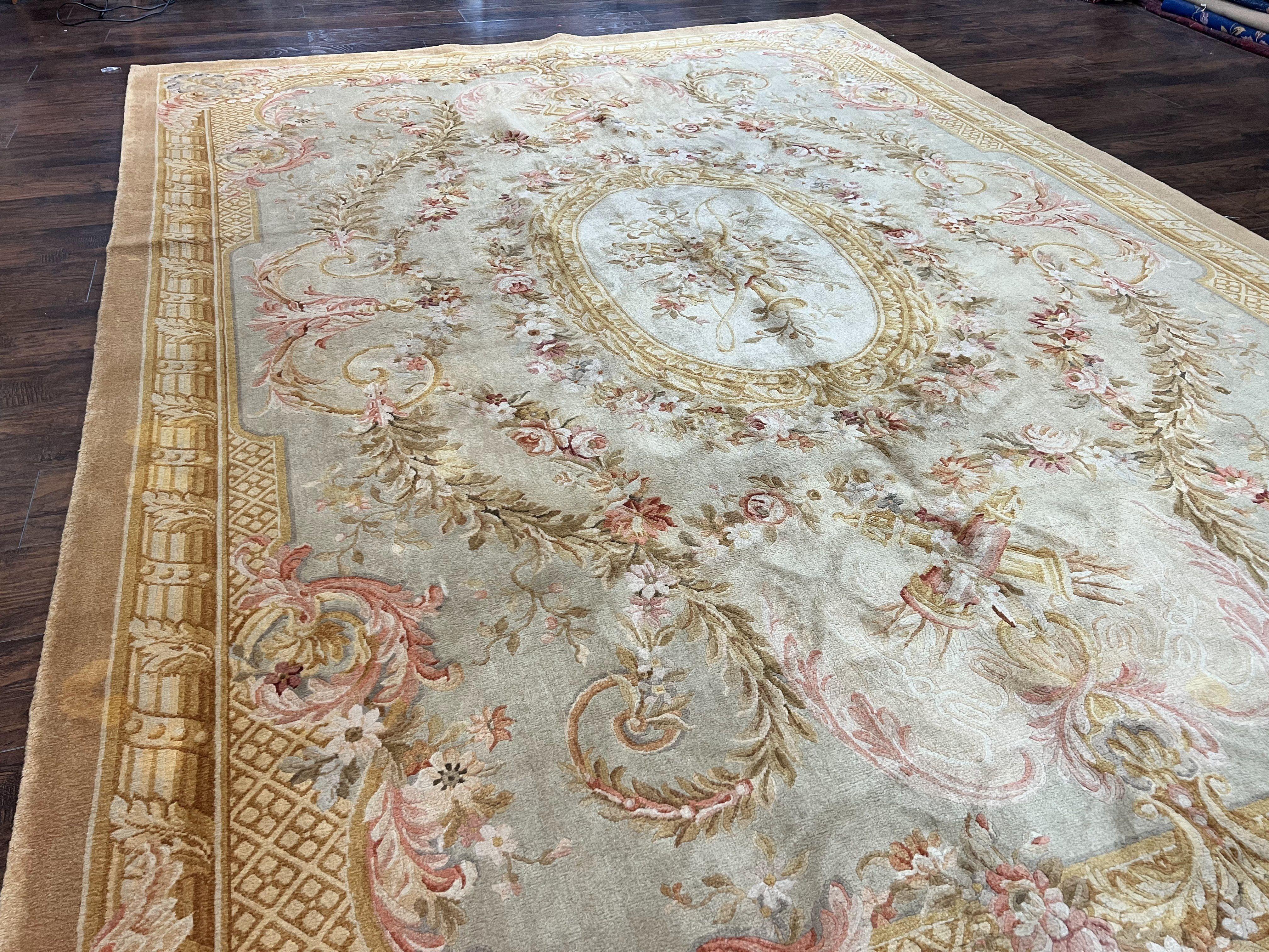 Aubusson Rug 9x12, Wool Hand Knotted Vintage Carpet, European Design, Elegant Room Sized Rug 9 x 12 - Jewel Rugs