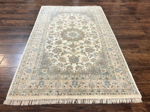 Indo Persian Rug 4x6, Floral Medallion, Beige, Handmade Wool Vintage Carpet 4 x 6 ft