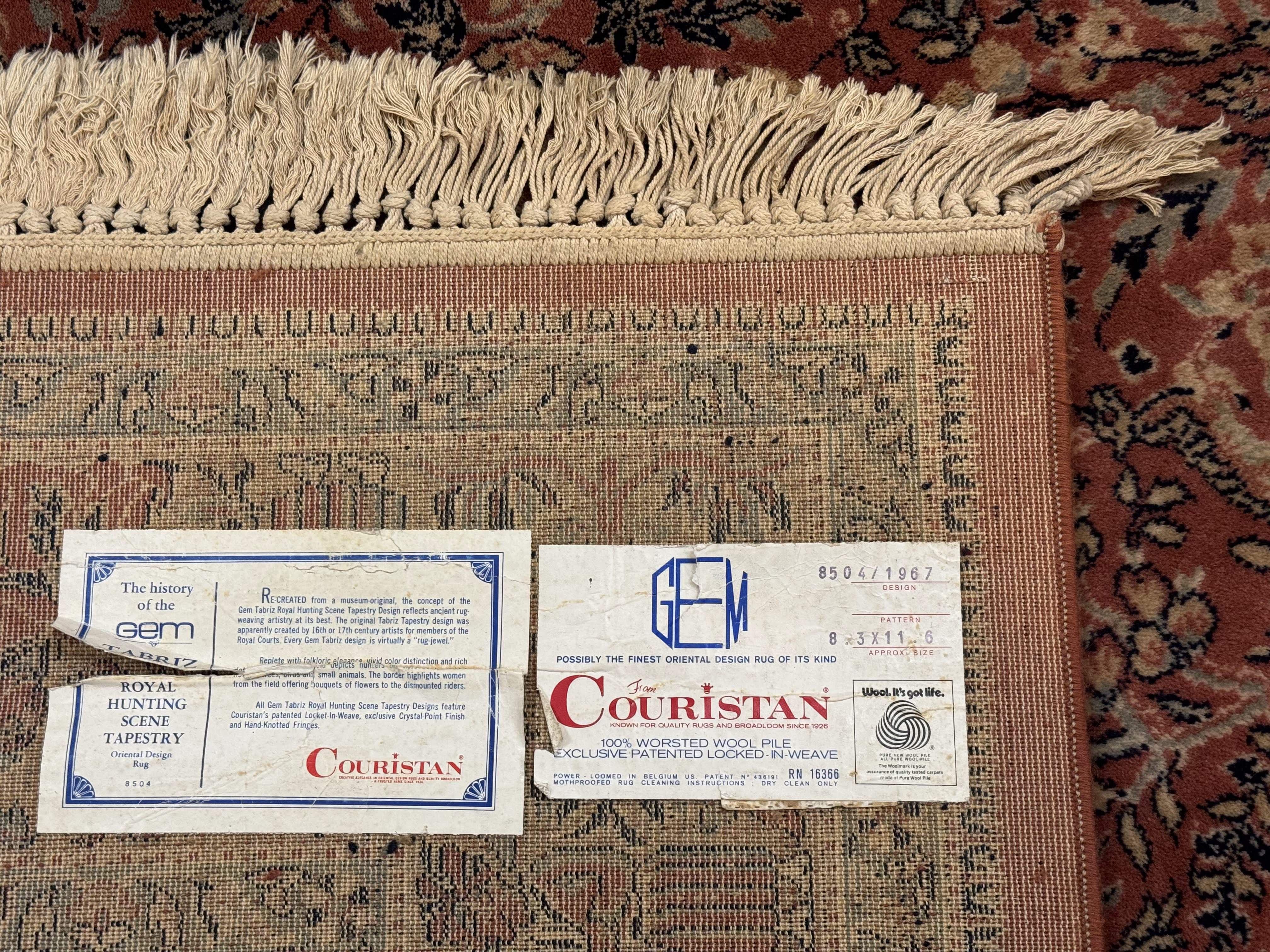 Persian Area Rug 8 x 11.6, Wool, Royal Hunting Scene, Vintage Couristan Rug, Red, Allover Pattern, Belgium Power Loomed - Jewel Rugs