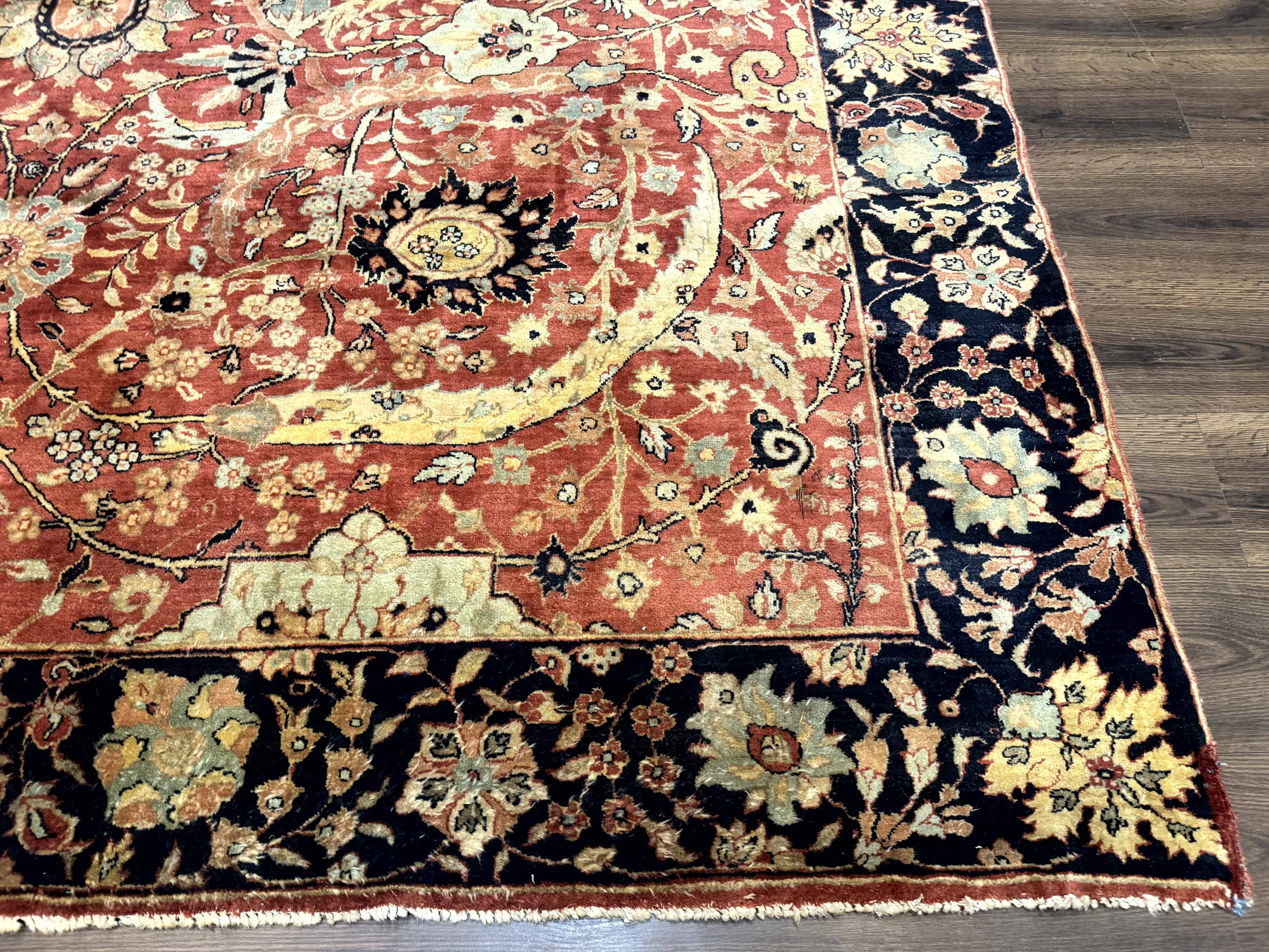 Indian Agra Rug 9x11, Terracotta and Navy Blue, Sickle Leaf Rug - Jewel Rugs