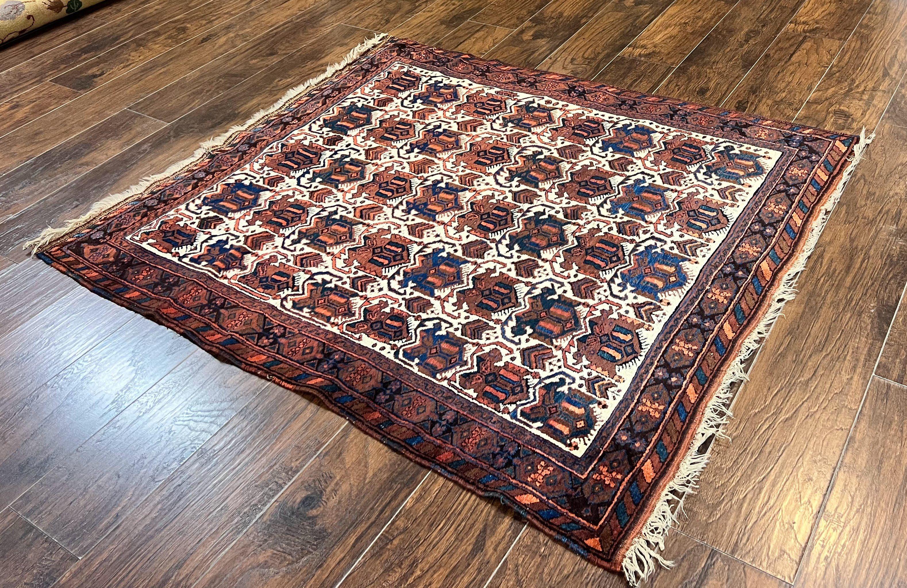 Persian Afshar Rug 4x5, Repeated Motif, Ivory & Burgundy, Wool Tribal Oriental Carpet, Handmade Vintage Semi Antique Medium Sized Rug - Jewel Rugs