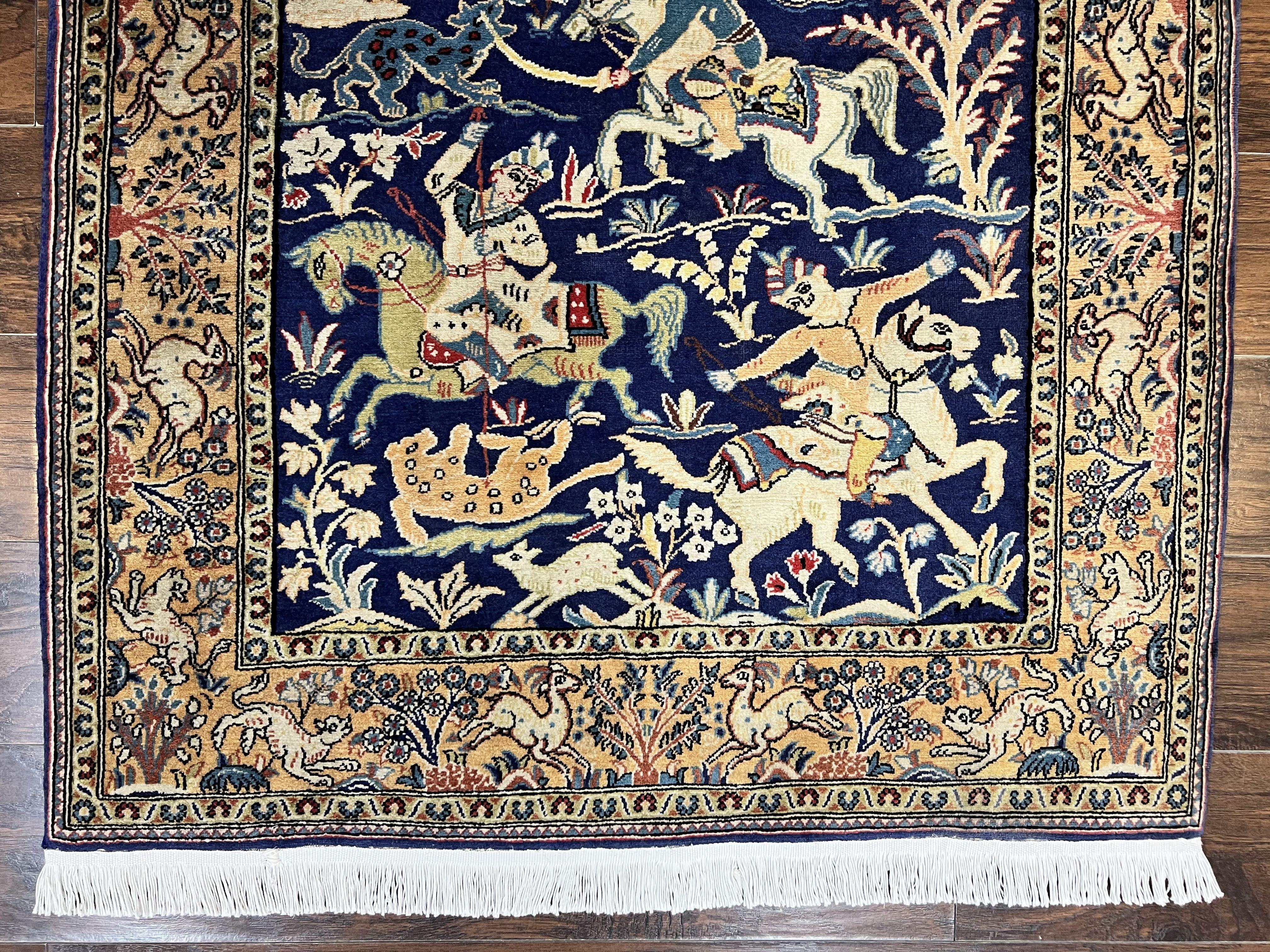 Persian Qum Hunting Design Rug 4x5, Wool Hand Knotted Vintage Oriental Carpet, Navy Blue & Mustard, Horsemen Animal Pictorials, Rare - Jewel Rugs