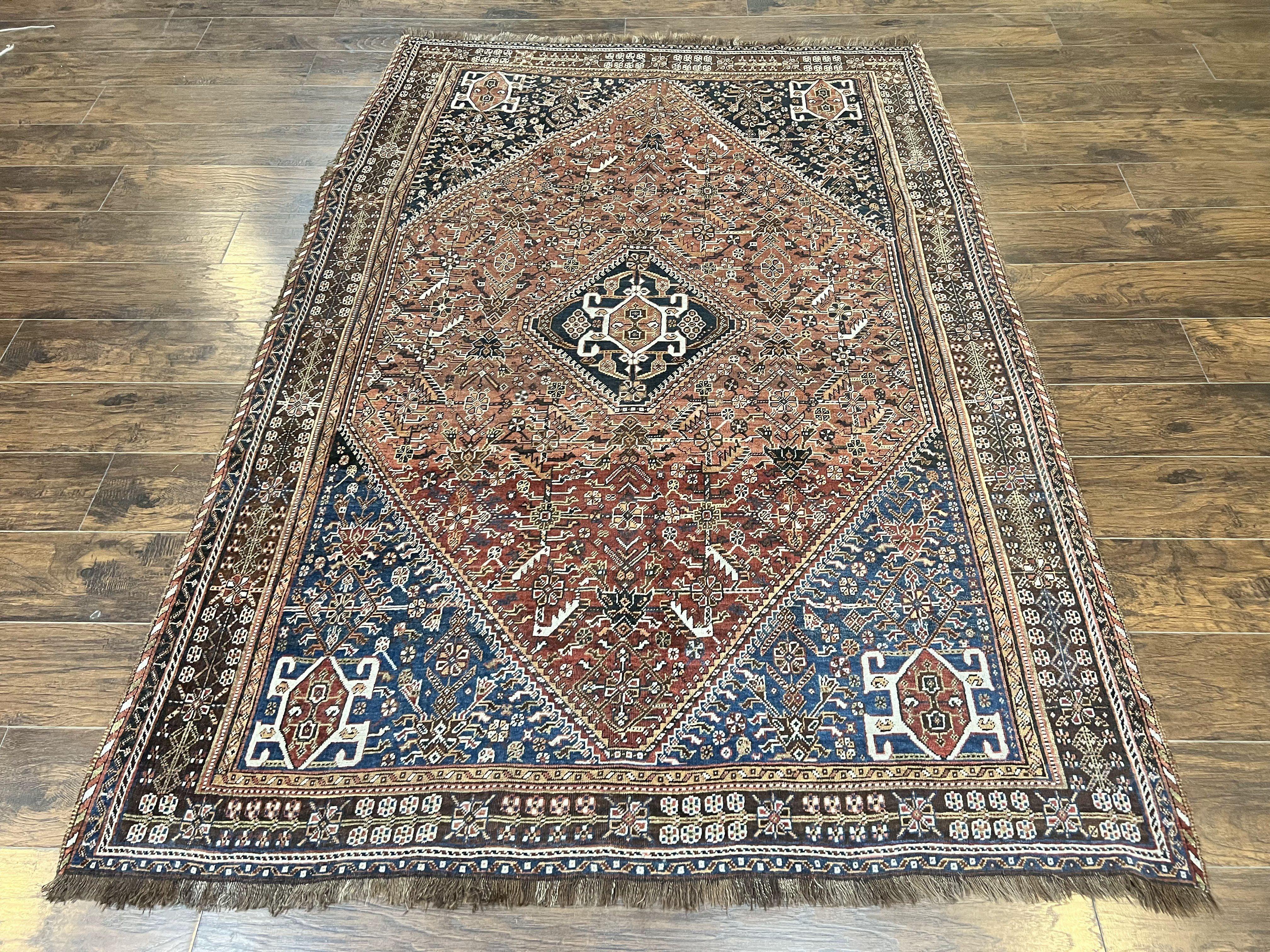 Antique Persian Shiraz Tribal Rug 6x8, Geometric Rug, Wool Handmade Hand Knotted Carpet, Red Blue - Jewel Rugs