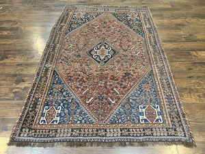 Antique Persian Shiraz Tribal Rug 6x8, Geometric Rug, Wool Handmade Hand Knotted Carpet, Red Blue