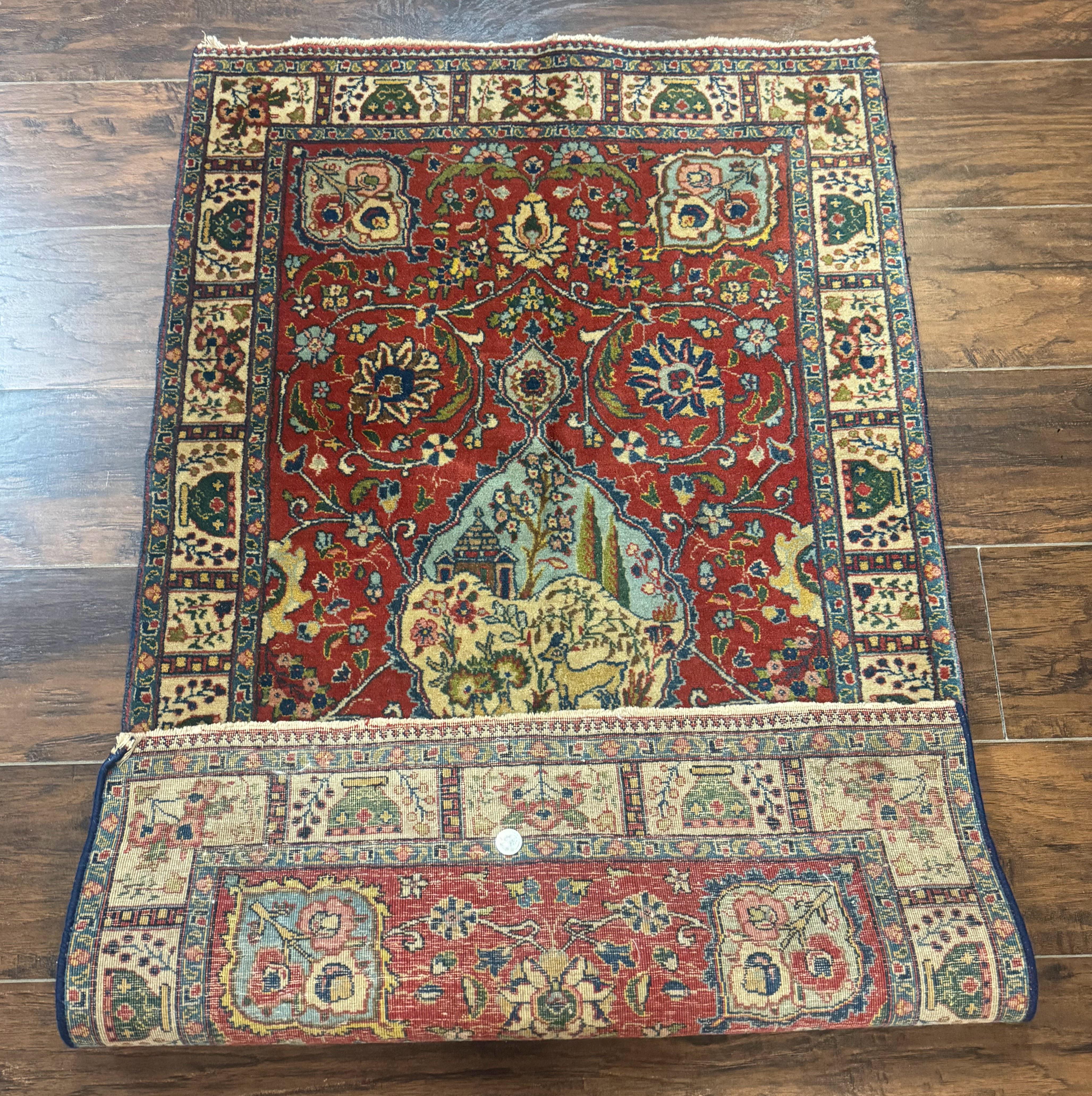 Small Persian Tabriz Rug 2.8 x 4.7, Red, Animal Pictorials, Semi Antique Vintage - Jewel Rugs