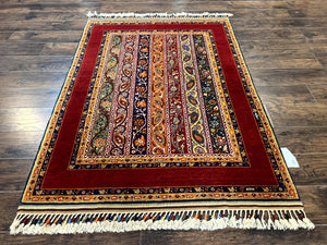 Turkish Rug 4x6, Stripe Pattern, Red & Multicolor, Vintage Handmade Wool Carpet