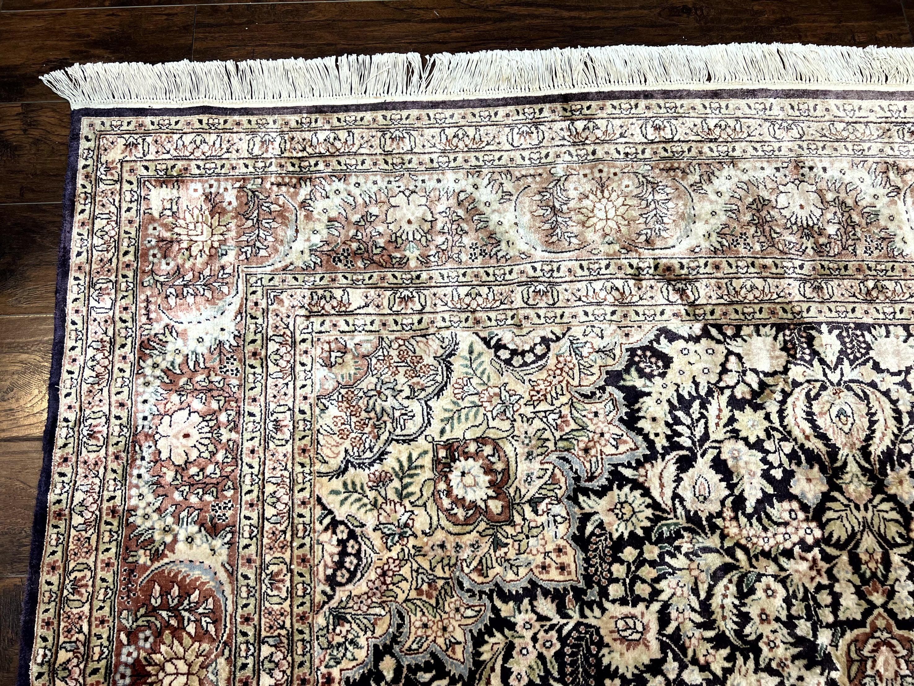 Silk Indian Kashmiri Rug 8x10, Floral Medallion, Indo Persian Carpet, Handmade Vintage Silk Rug - Jewel Rugs