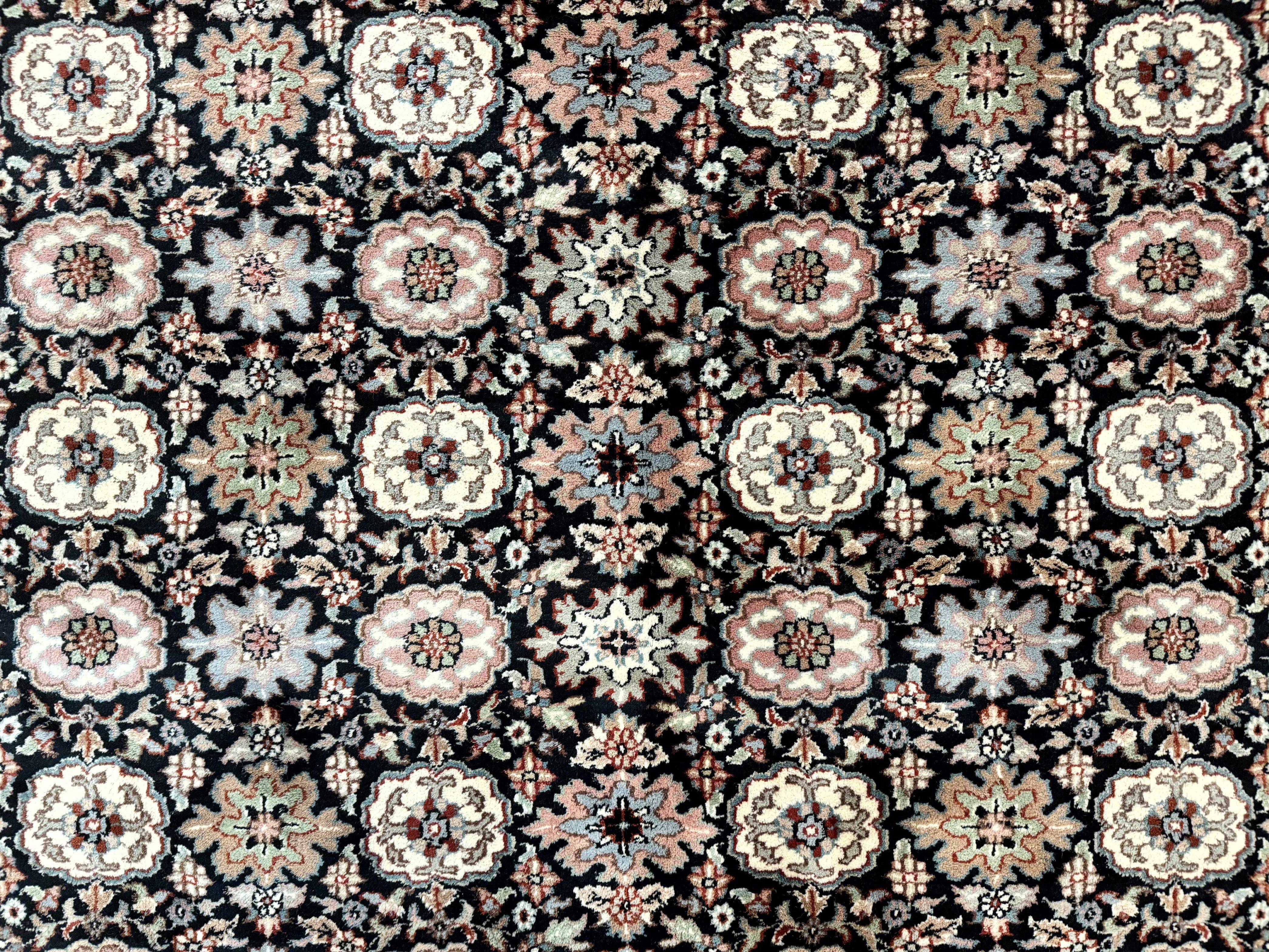 Indo Persian Rug 9x12, Vintage Handmade Wool Carpet, Repeated Allover Motif, Navy Blue and Pink - Jewel Rugs