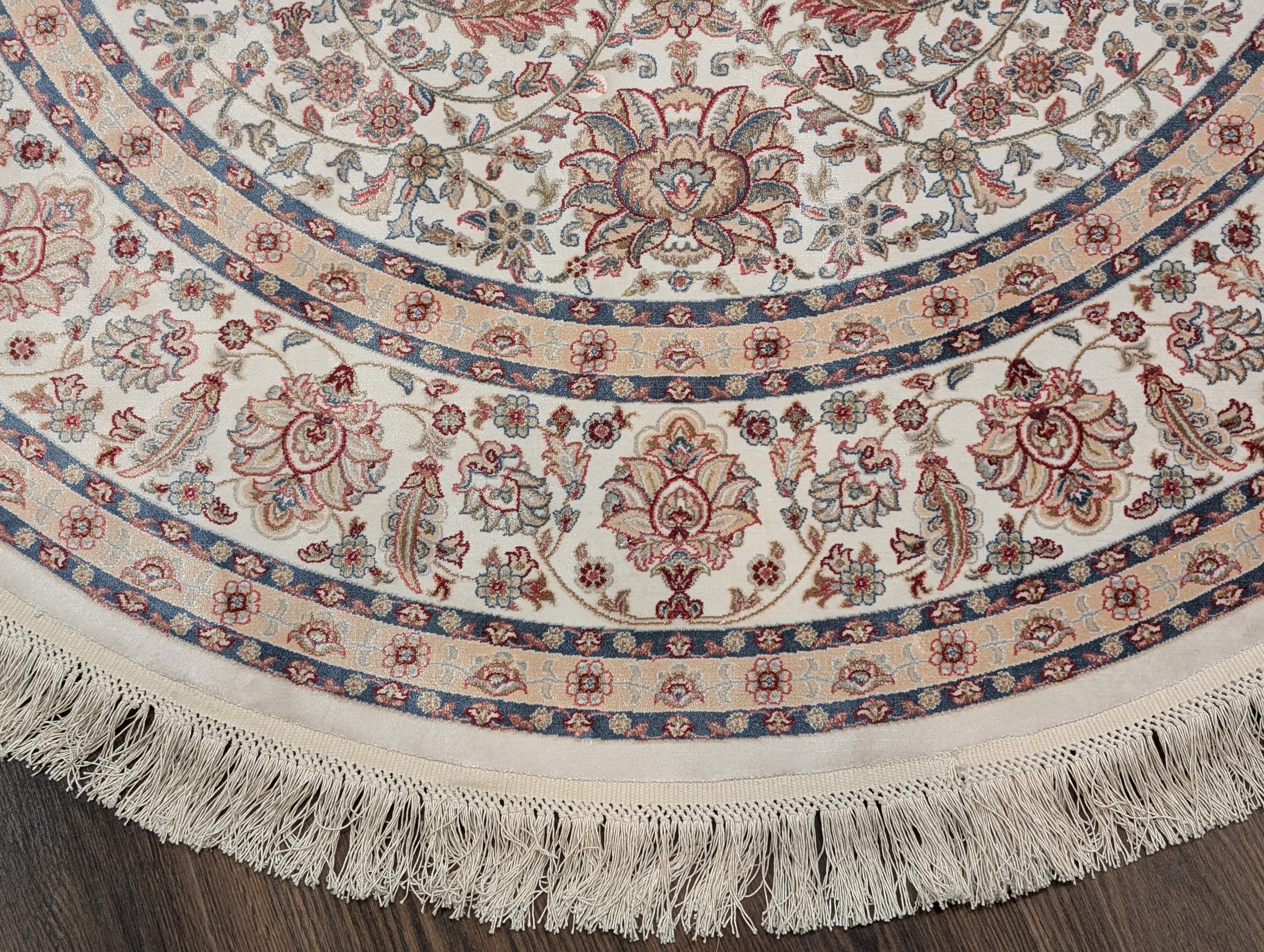 Round Silk Rug 5x5, Turkish Silk Carpet, Ivory, New, Bamboo Silk - Jewel Rugs