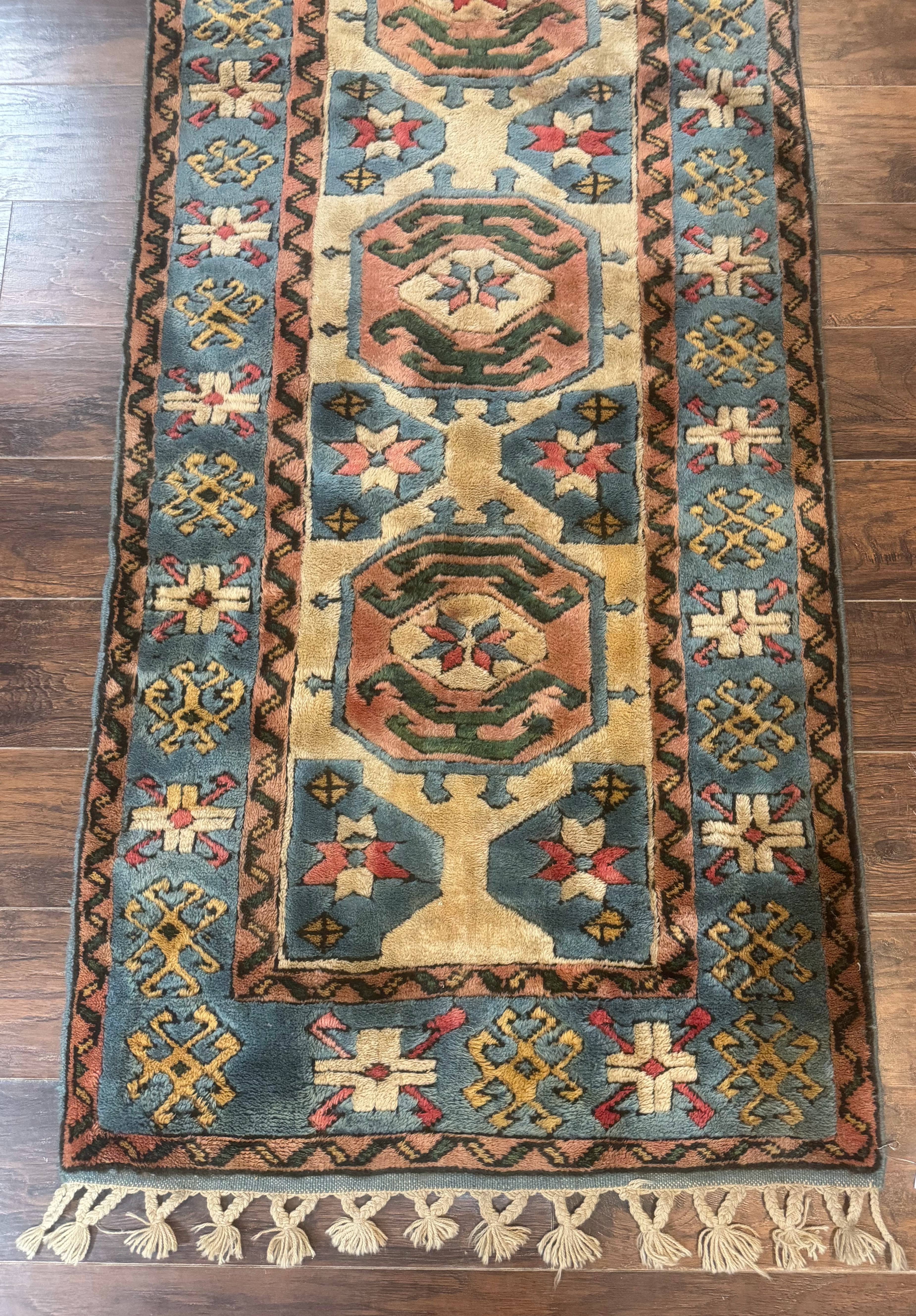 Turkish Kazak Runner Rug 3x11, Cream and Light Blue, Vintage - Jewel Rugs