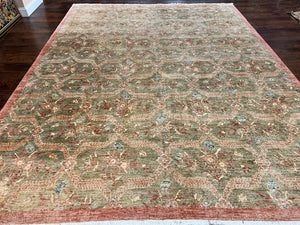 Large Modern Pakistani Rug, Handmade Wool Carpet, Peshawar Rug, Hand Knotted Oriental Rug, Contemporary, Floral, Light Green