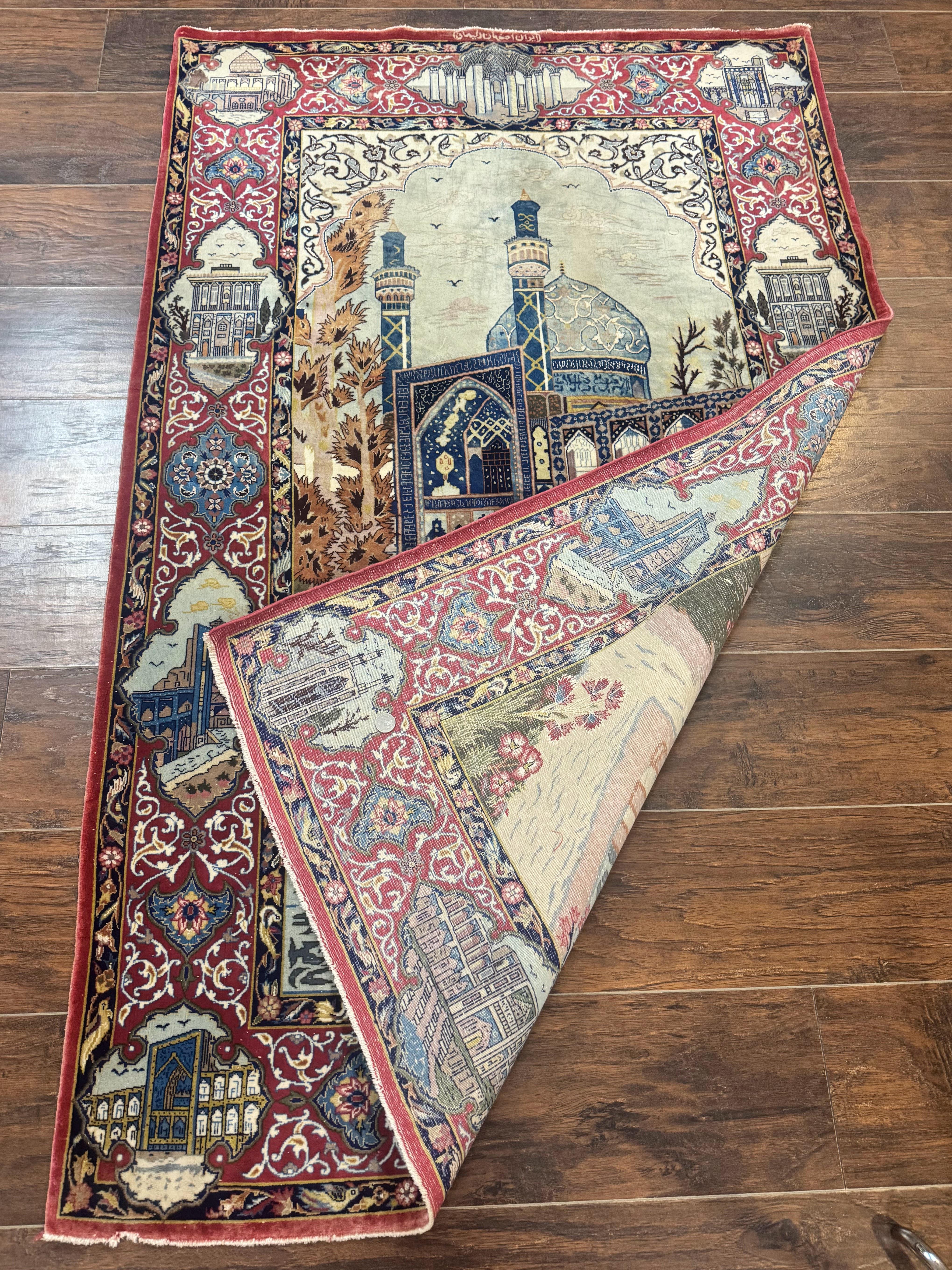 Persian Isfahan Pictorial Rug 3.6 x 5.7, Very Fine 400 KPSI, Historical Buildings, Signed By Masterweaver, Handmade - Jewel Rugs