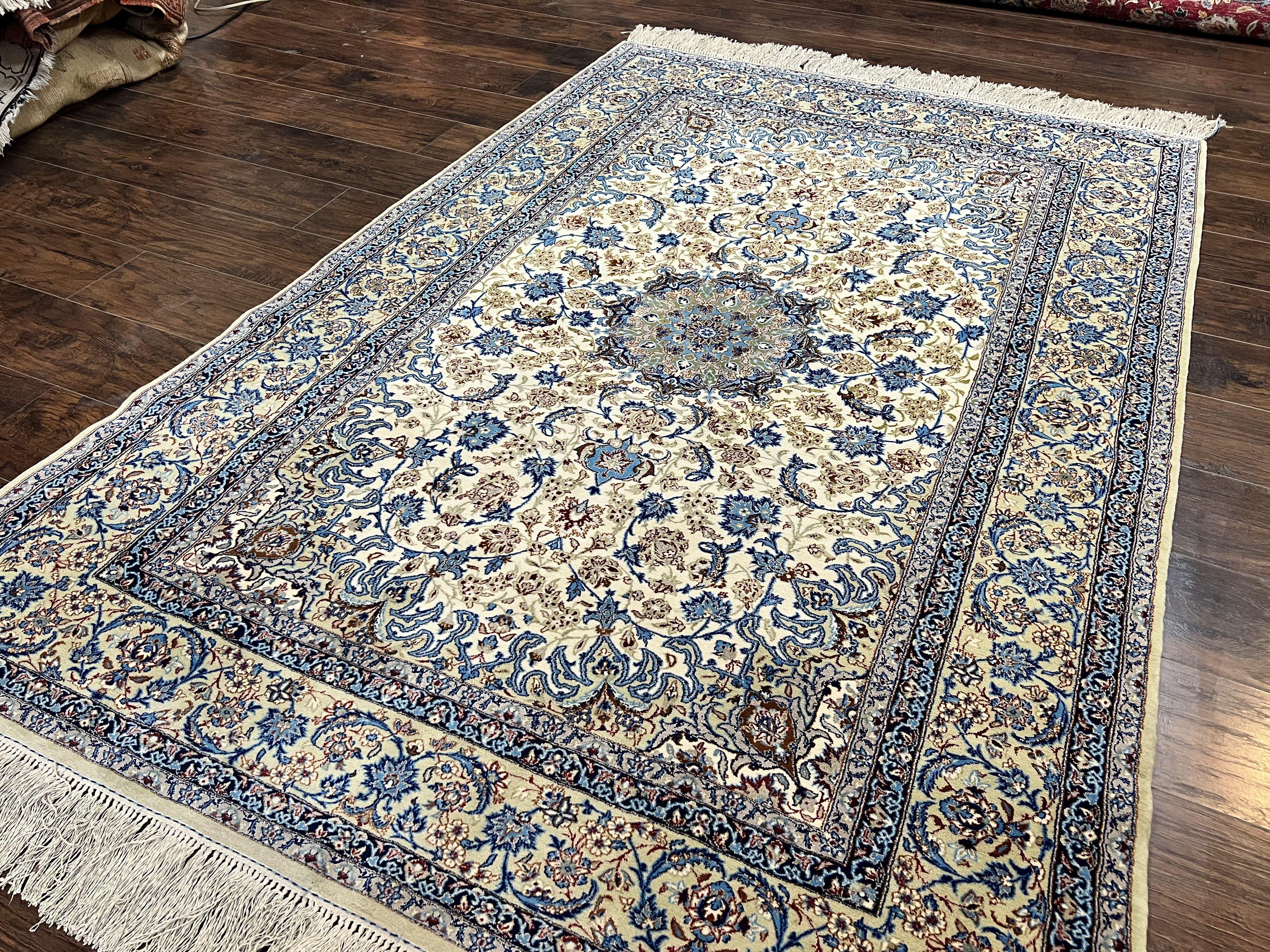 Persian Isfahan Rug 5x8, Kork Wool on Silk Foundation, 440 KPSI, Handmade Vintage Carpet, Floral Medallion Oriental Rug, Ivory & Blue, Very Fine - Jewel Rugs