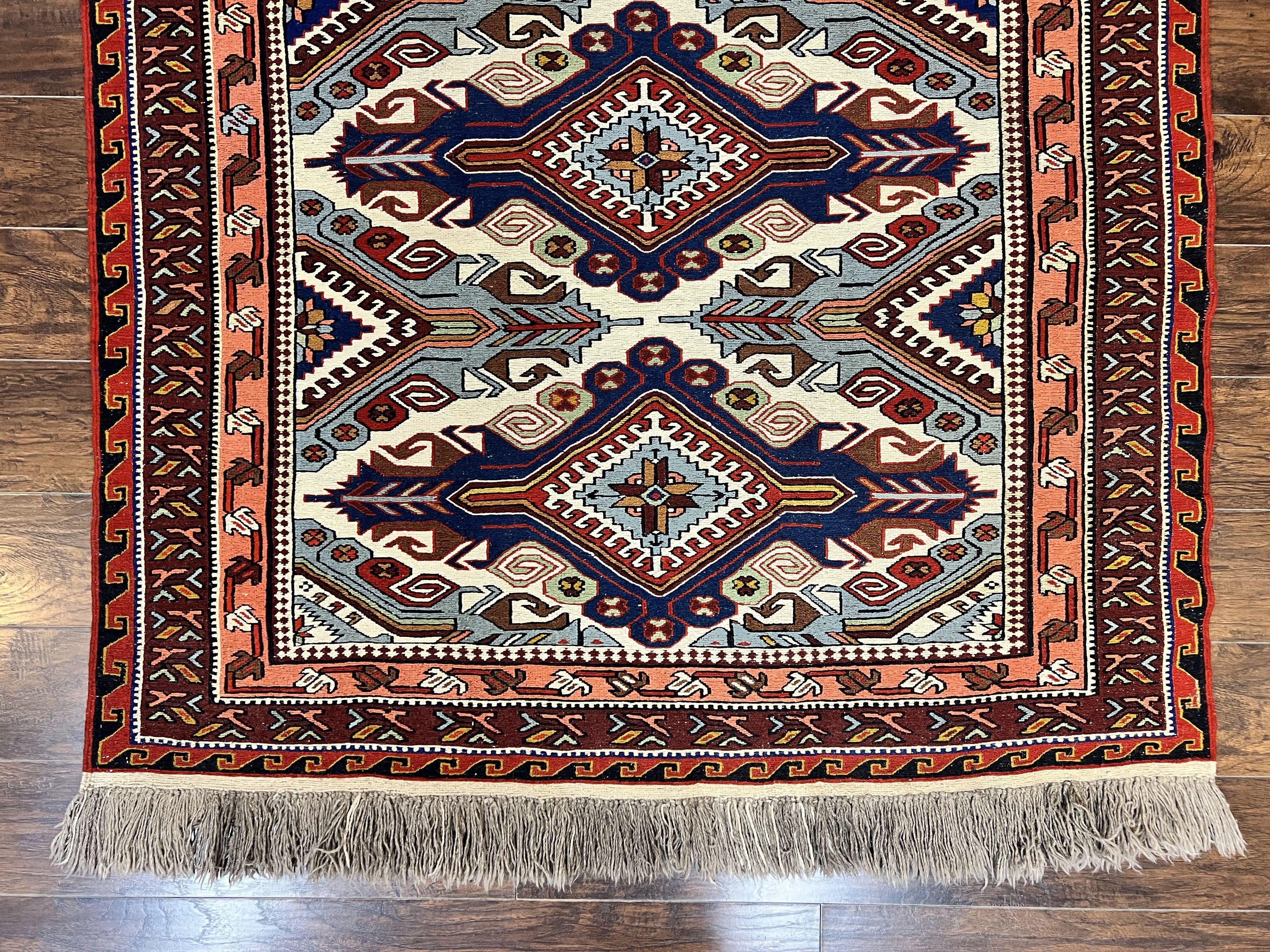 Russian Soumak Rug 6x8, Wool Handmade Antique Kilim Carpet, Multicolor 6 x 8 Geometric Medallions Caucasian Rug, Medium Size - Jewel Rugs