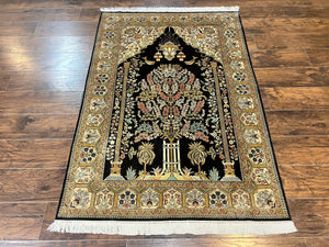 Wonderful Sino Persian Silk Rug 4x6, Tree of LIfe Design, Masterpiece 575 KPSI, Birds, Prayer Rug, Black, Silk on Silk