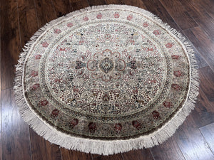 Silk Round Sino Persian Rug 5x5, Super Fine 650 KPSI, All Silk Vintage Handmade Round Carpet, Animal Pictorials, Floral Medallion Cream, Wow
