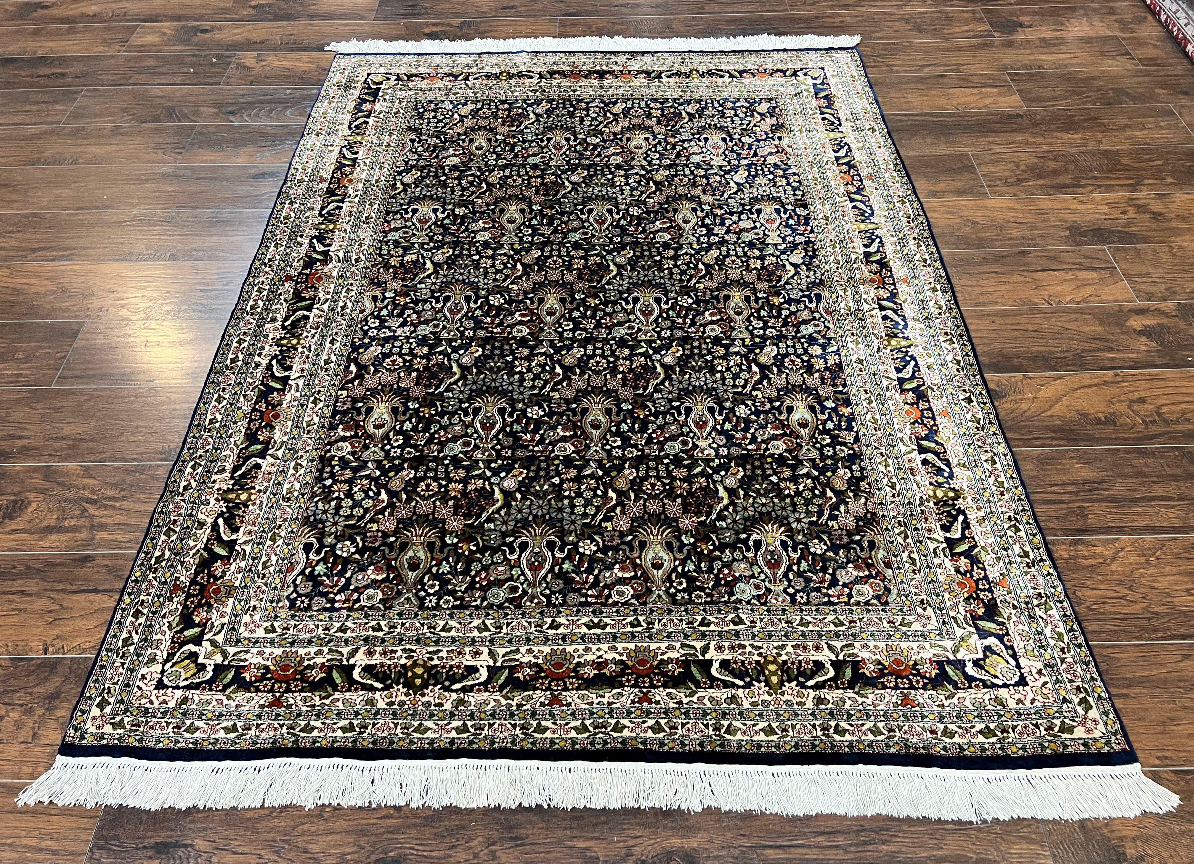 Silk Indian Kashmiri Rug 5x7, Navy Blue Indo Persian Silk Carpet 5 x 7 ft, Hand Knotted Handmade Very Fine Oriental Carpet, 450 KPSI, Birds - Jewel Rugs