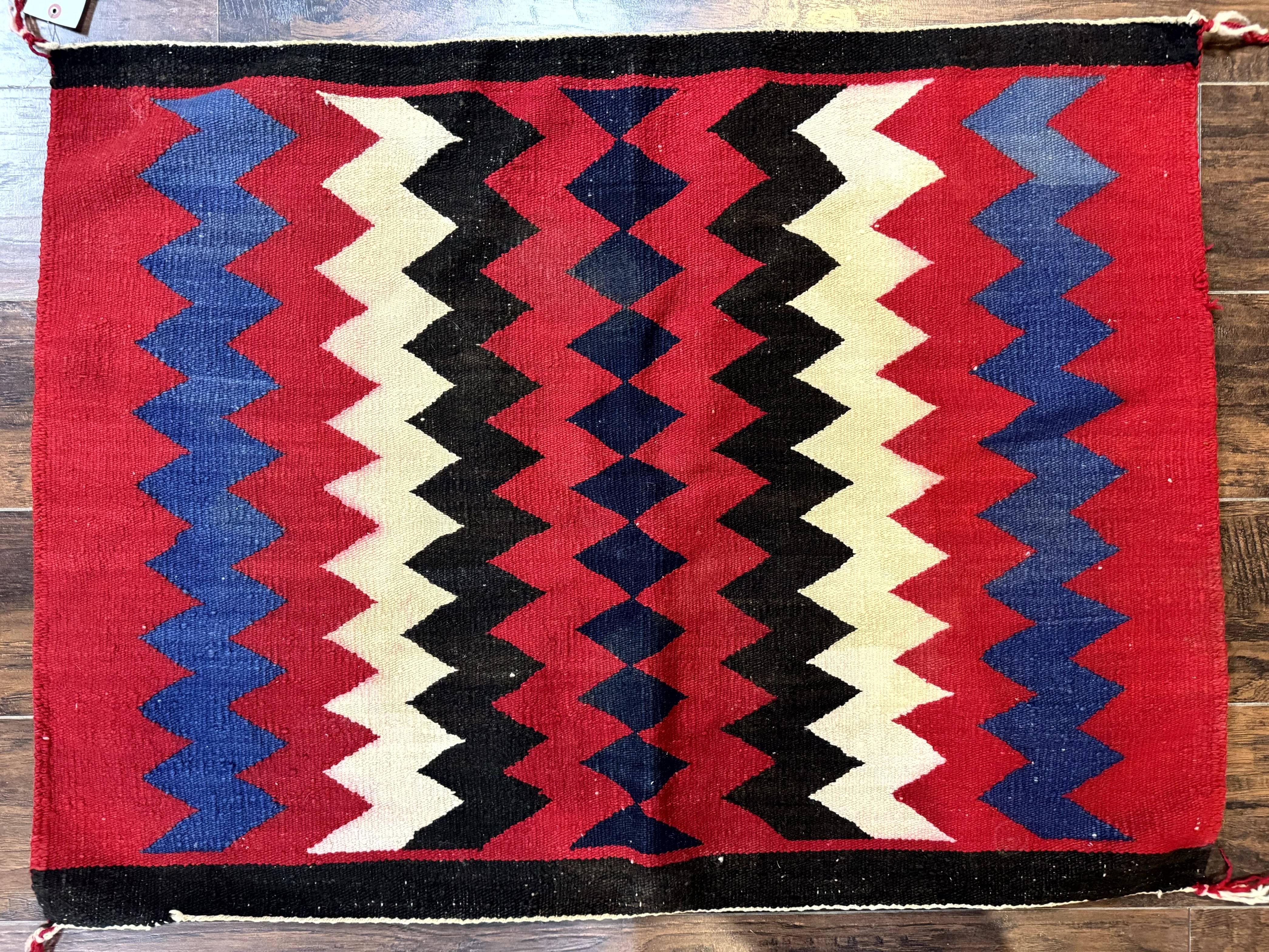 Antique Navajo Rug 3.7 x 2.8, Red Ivory Blue, Zig Zag Pattern, Handmade, Wool - Jewel Rugs