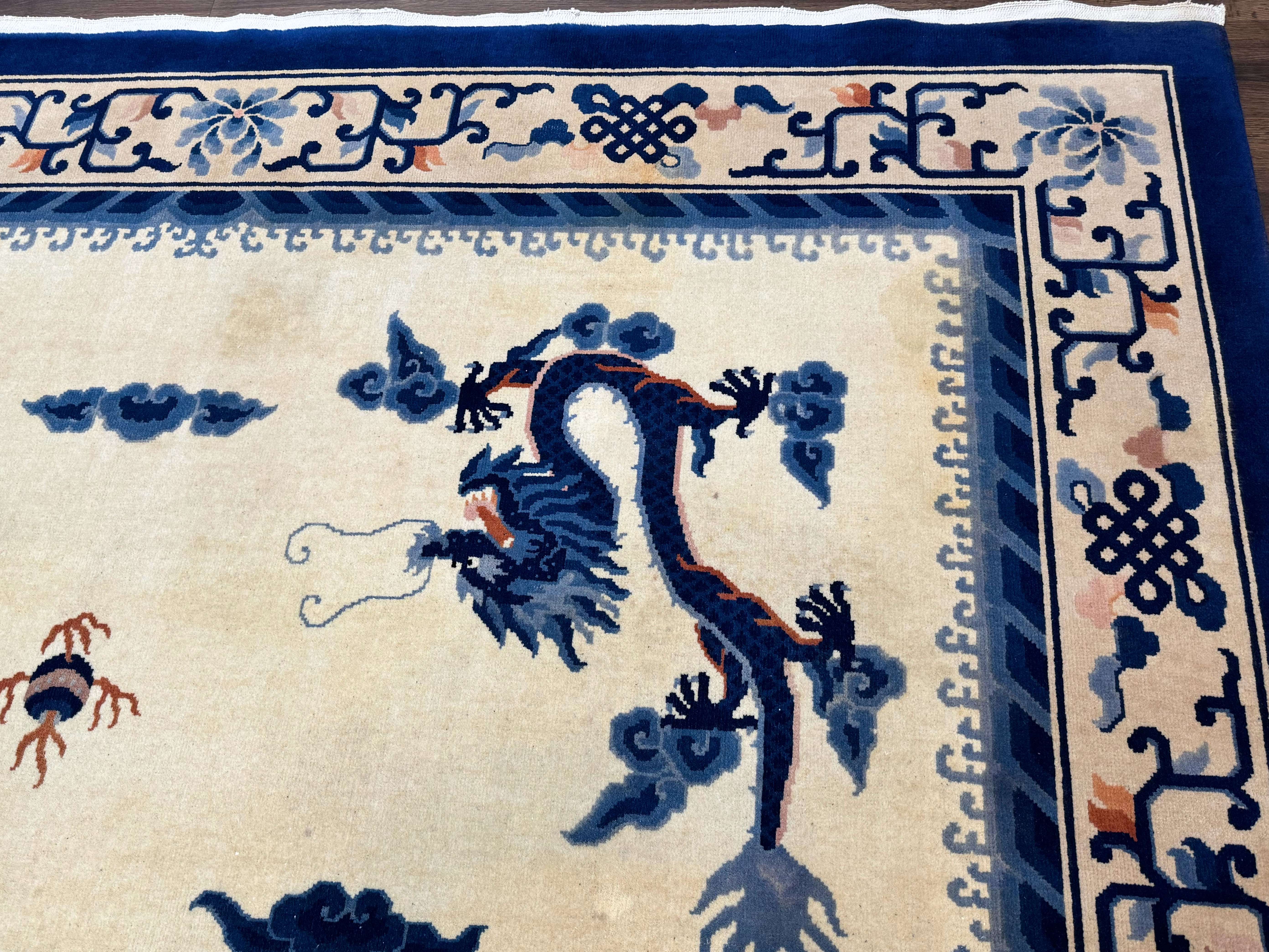 Chinese Dragon Peking Rug 8 x 11.6, Ivory and Blue, Chinese Wool Rug, Vintage - Jewel Rugs
