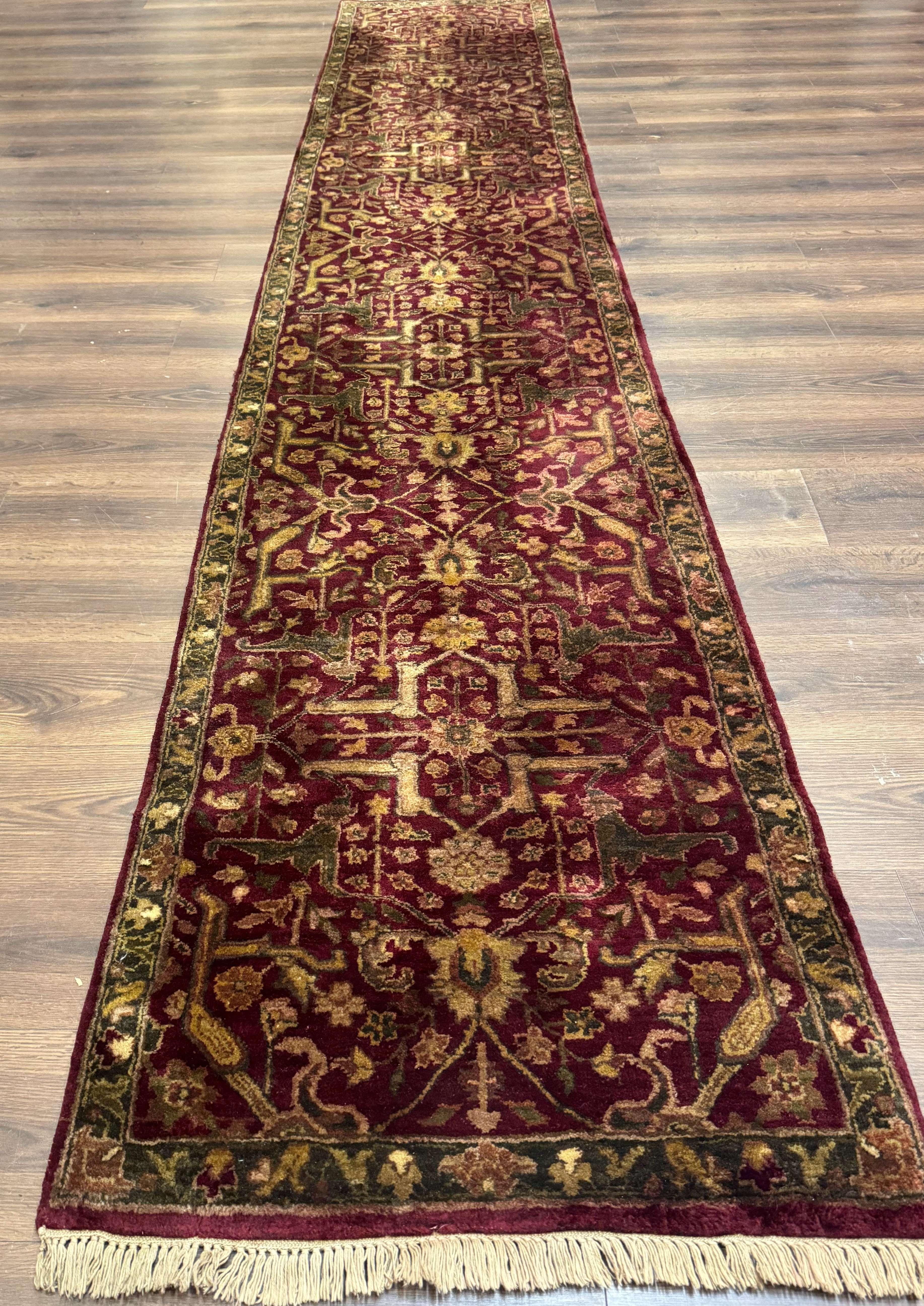 Indo Persian Runner Rug 2.7 x 13.8, Maroon, Wool, Handmade Indian Rug for Hallway - Jewel Rugs