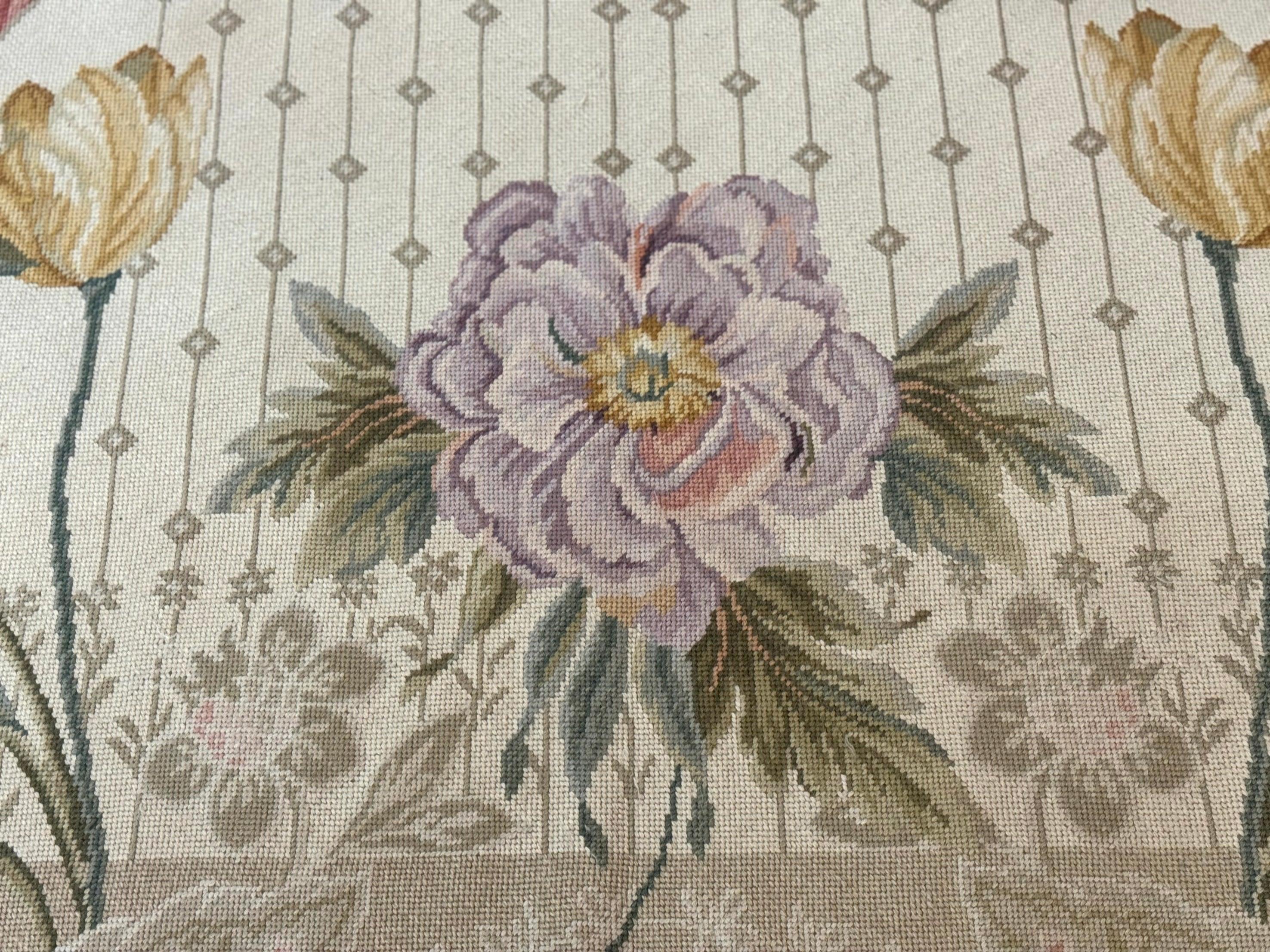 Needlepoint Rug 10x14, Petitepoint Carpet, Floral, Elegant, European Design, Beige Pink Lavender, Large Flowers - Jewel Rugs