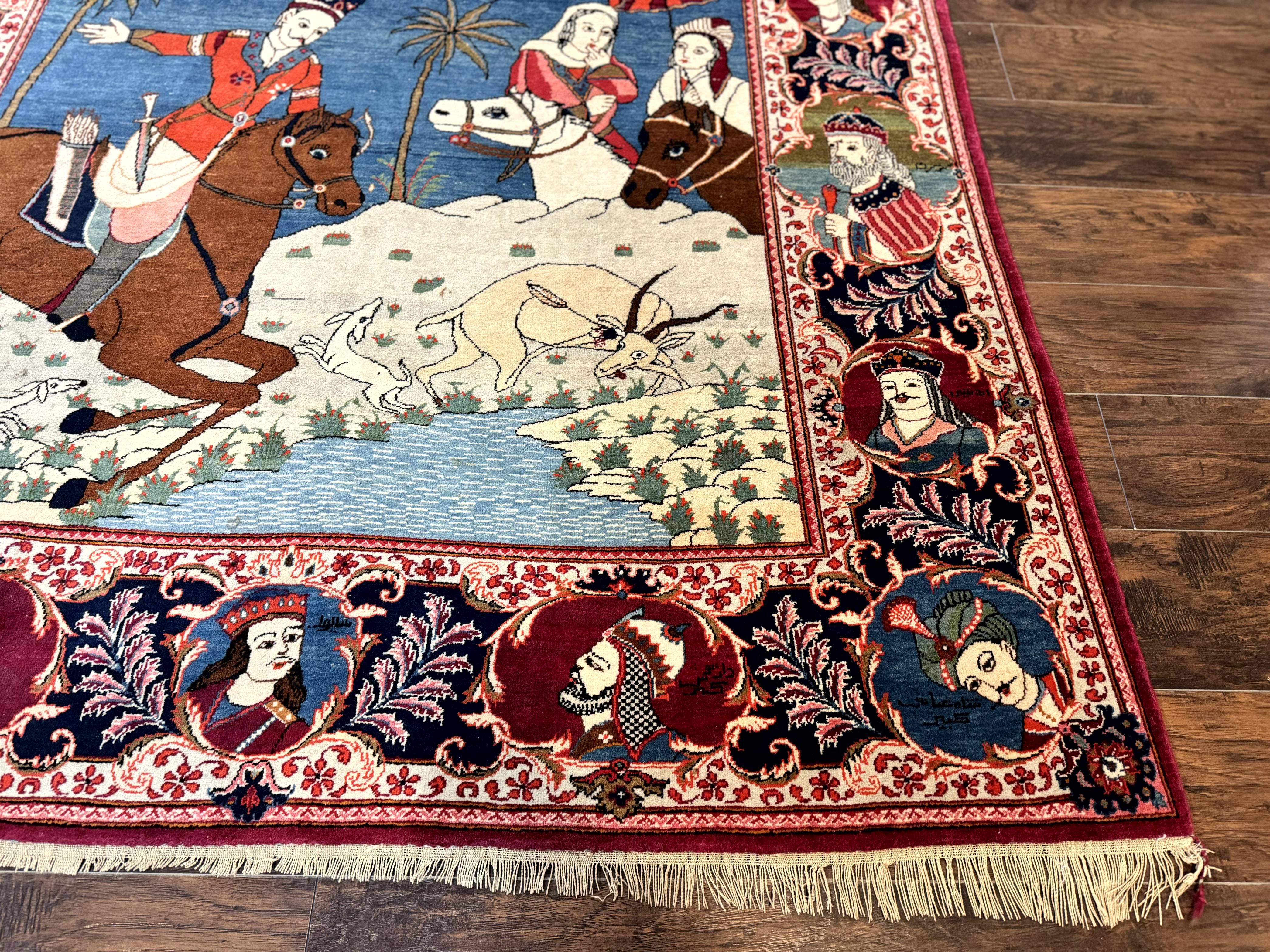 Rare Persian Kashan Pictorial Rug 6x9, King Bahram Hunting Scene, Persian Kings, Hand Knotted Persian Rug for Wall Hanging, Antique, Wool - Jewel Rugs
