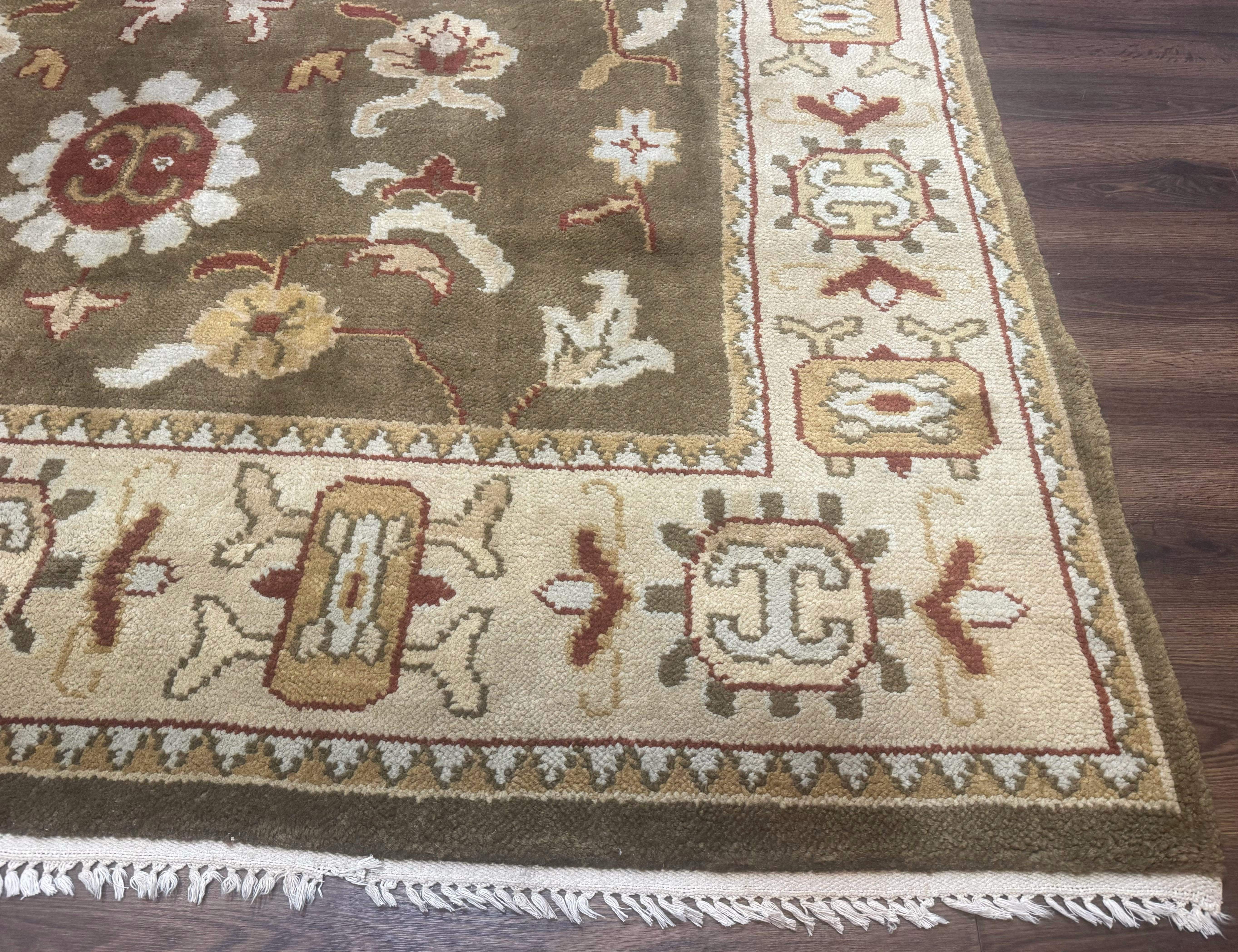 Indo Mahal Rug 8x11 – Olive Green Hand-Knotted Wool Carpet - Jewel Rugs