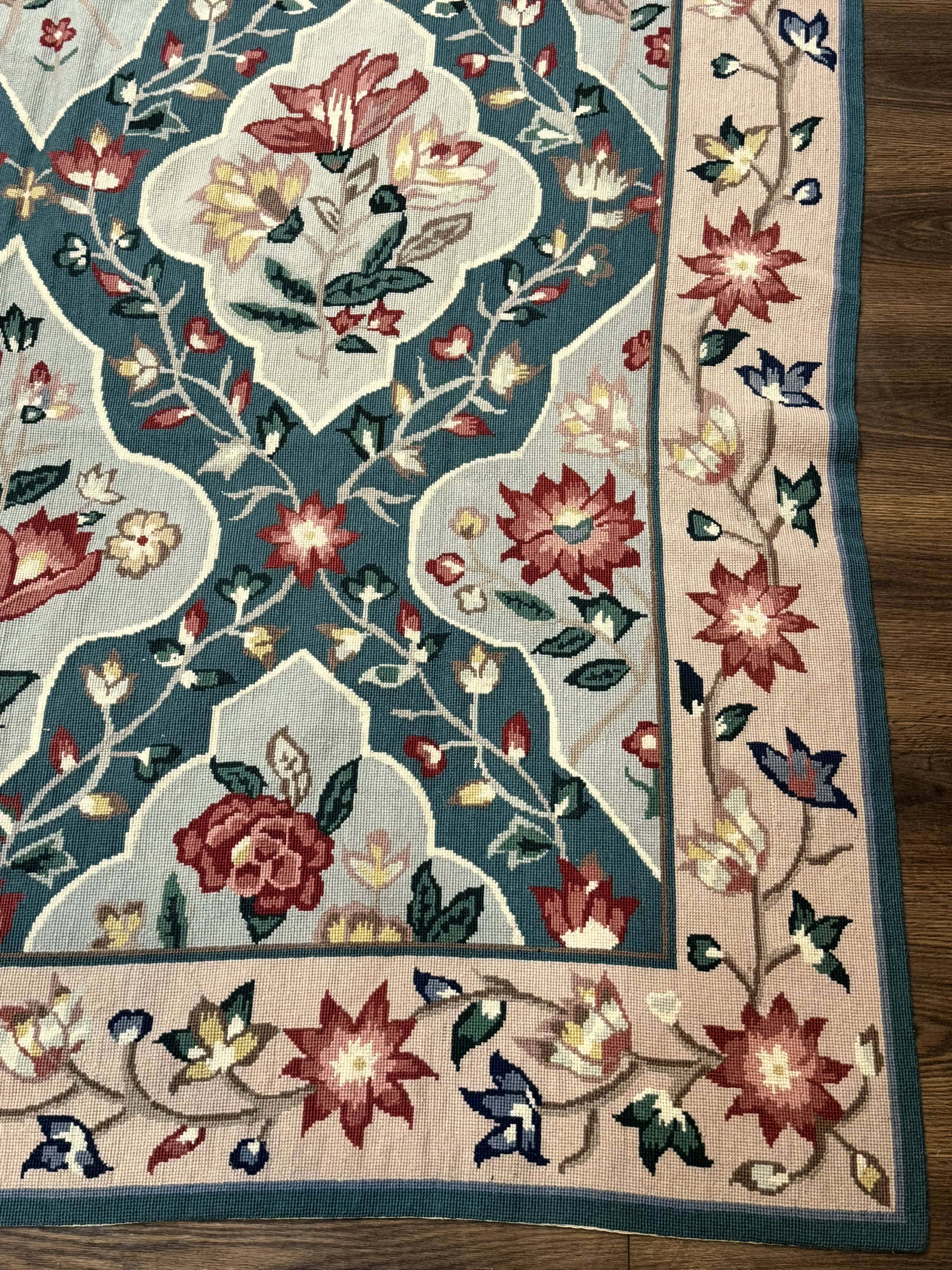 Teal Needlepoint Rug 6x9, Panel Design, Floral Bouquets, Handmade - Jewel Rugs