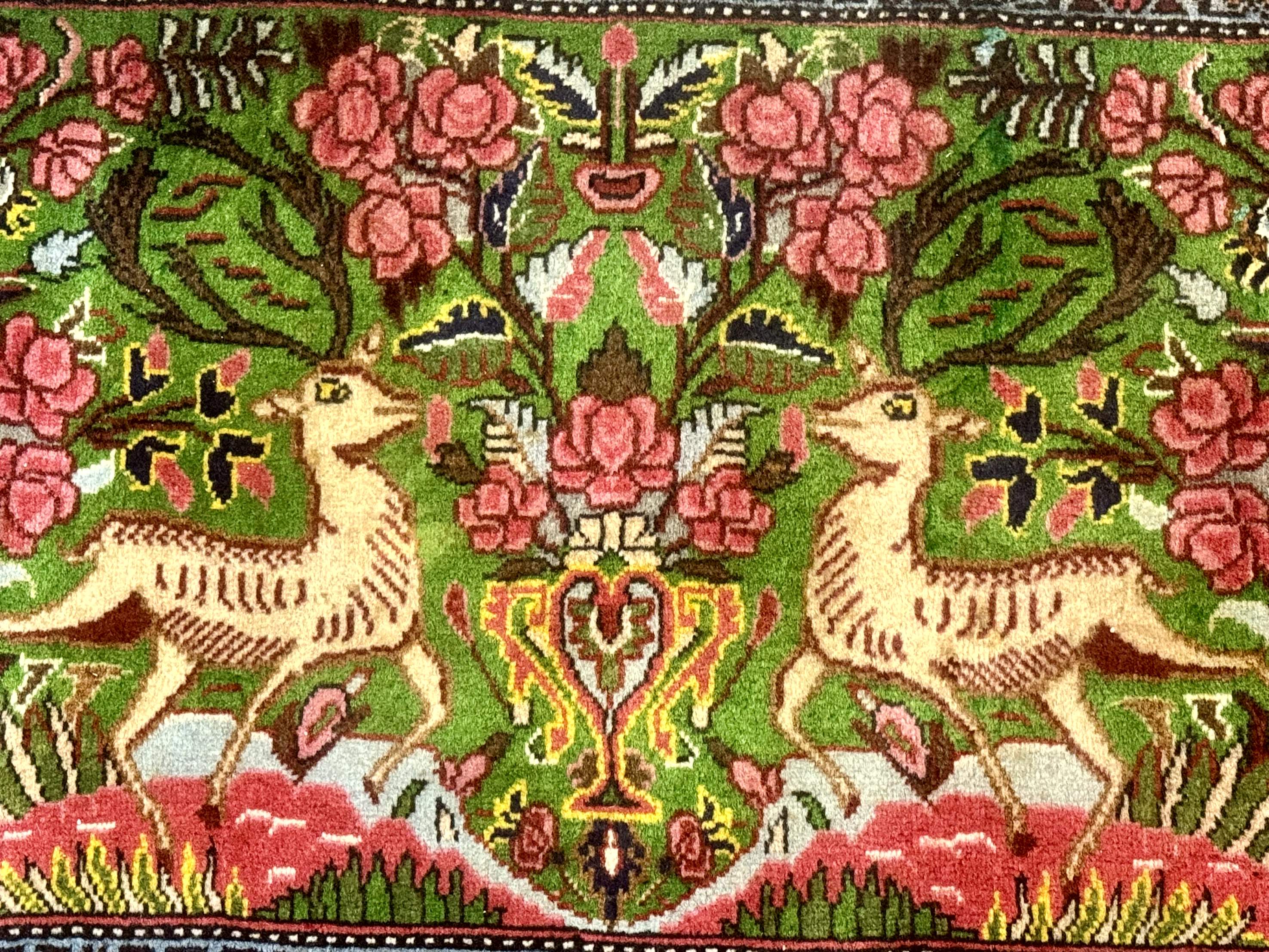 Small Persian Sarouk Rug, Deer Pictorials, Green, Hand Knotted, Fine - Jewel Rugs