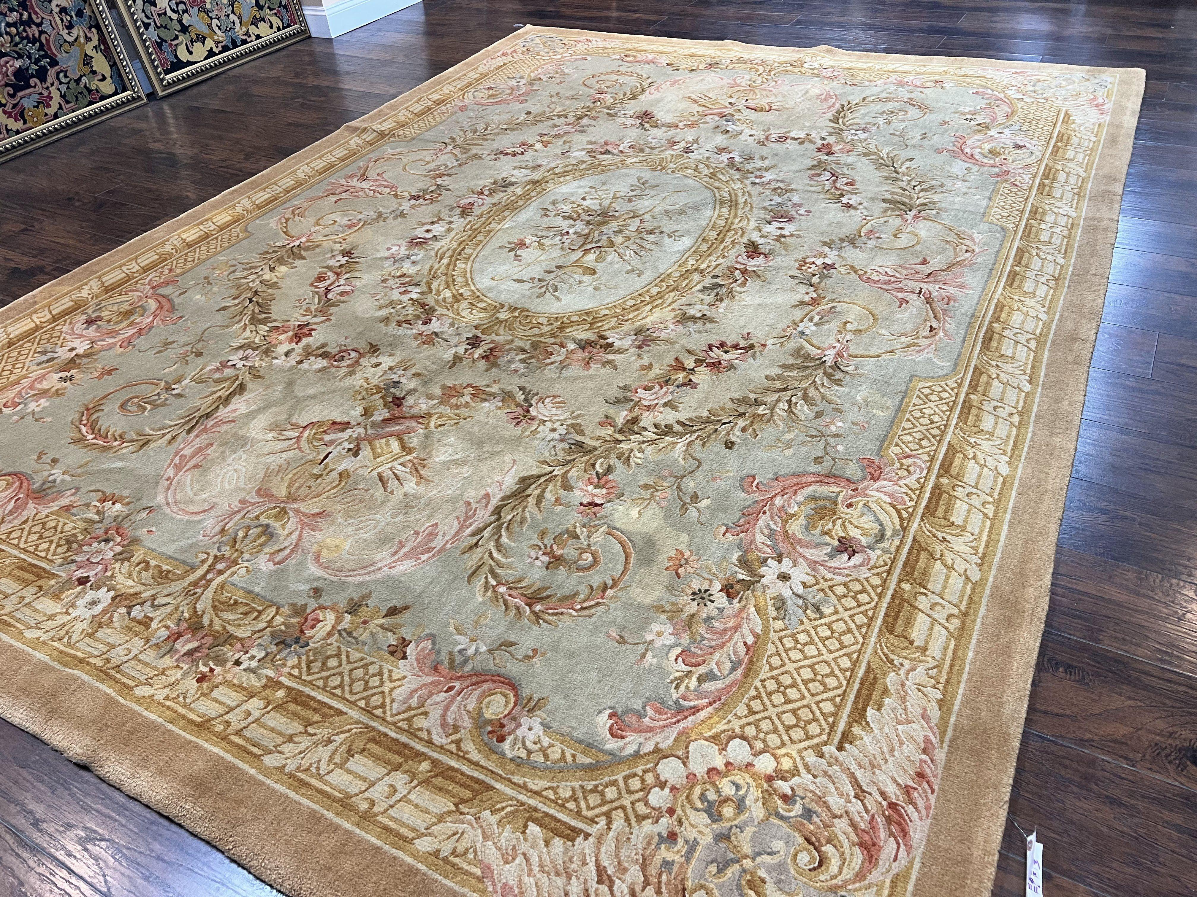 Aubusson Rug 9x12, Wool Hand Knotted Vintage Carpet, European Design, Elegant Room Sized Rug 9 x 12 - Jewel Rugs
