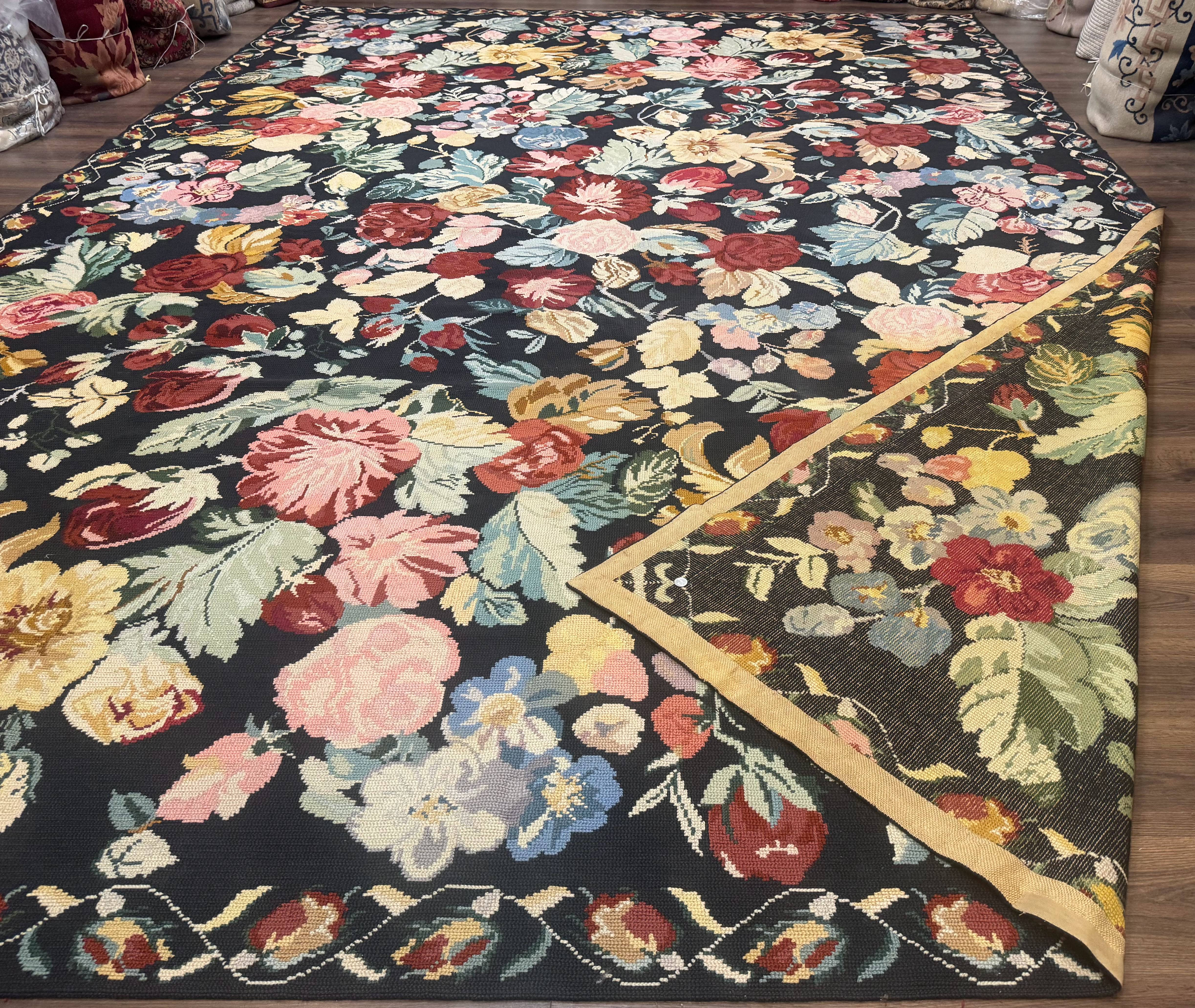 Palace Size Needlepoint Rug 12x18, Vintage Spanish Portuguese Carpet, Floral Design - Jewel Rugs
