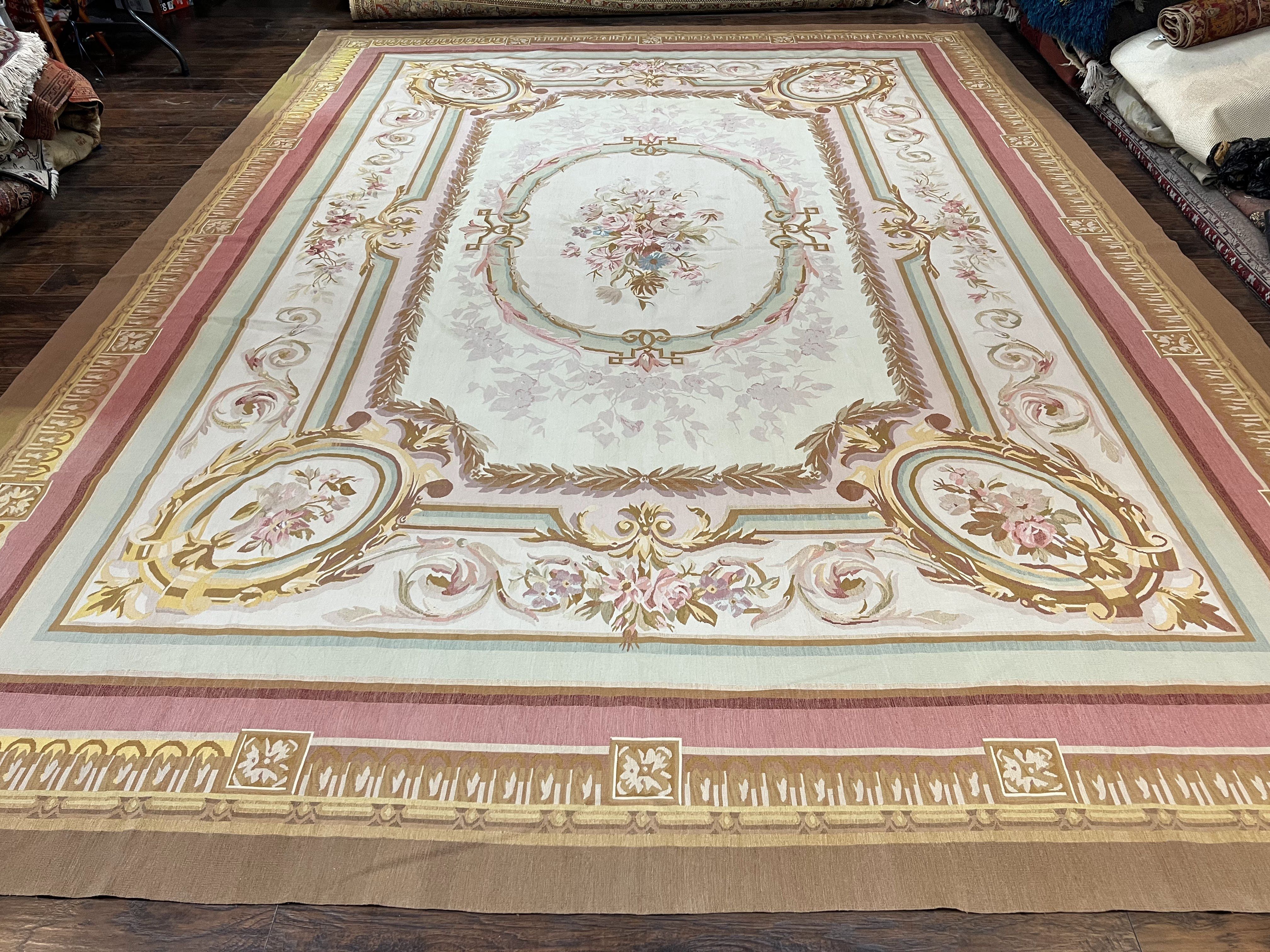 Large Aubusson Rug 11x15, Oversized Gallery Palace Size Flatweave Savonnerie Carpet 11 x 15 ft, Wool Handmade Vintage Elegant European - Jewel Rugs
