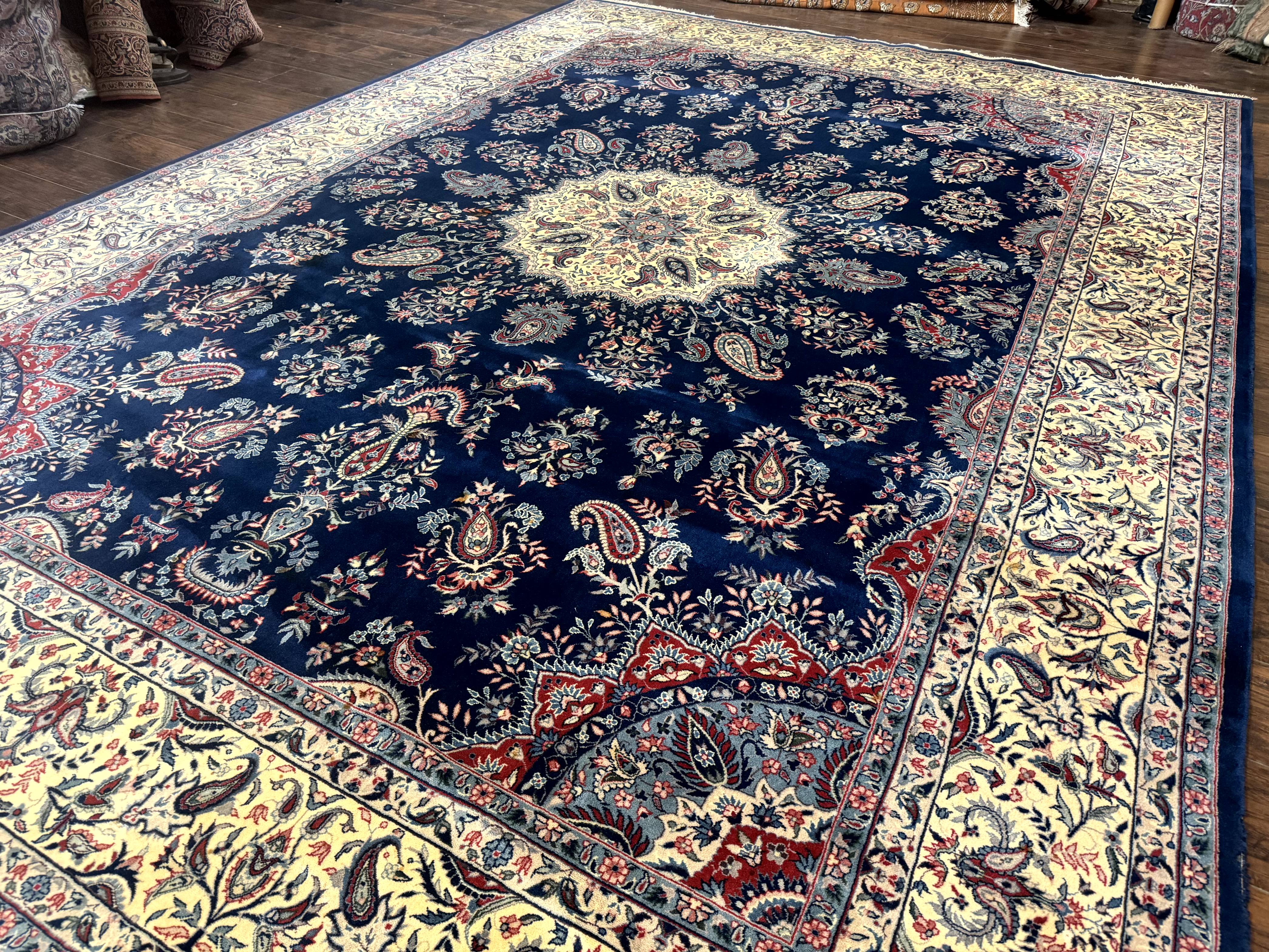 Sino Persian Kerman Rug 10x14, Blue and Beige, Floral Medallion, Fine 240 KPSI - Jewel Rugs